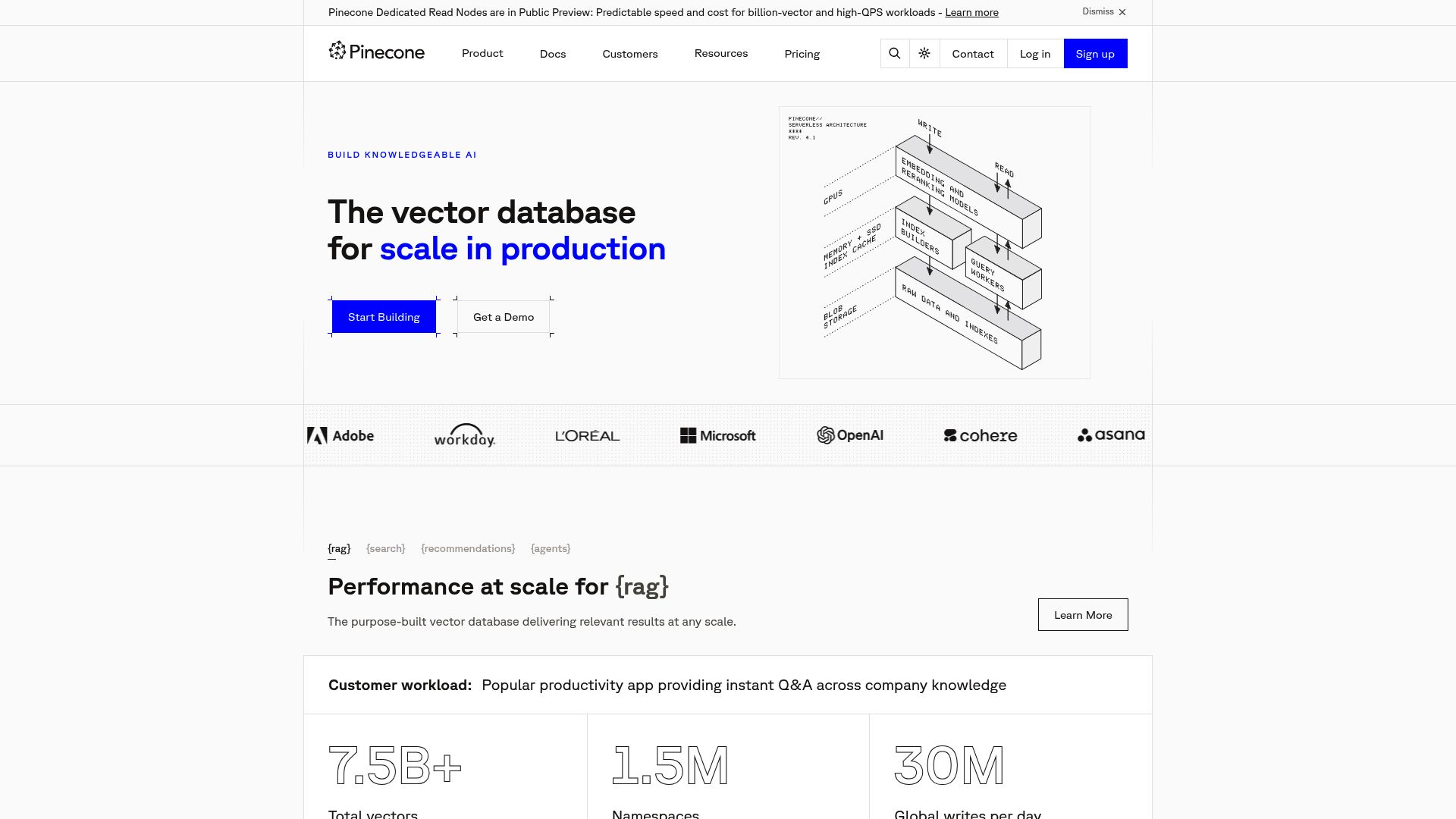 Screenshot of the Pinecone website homepage showing their vector database value proposition
