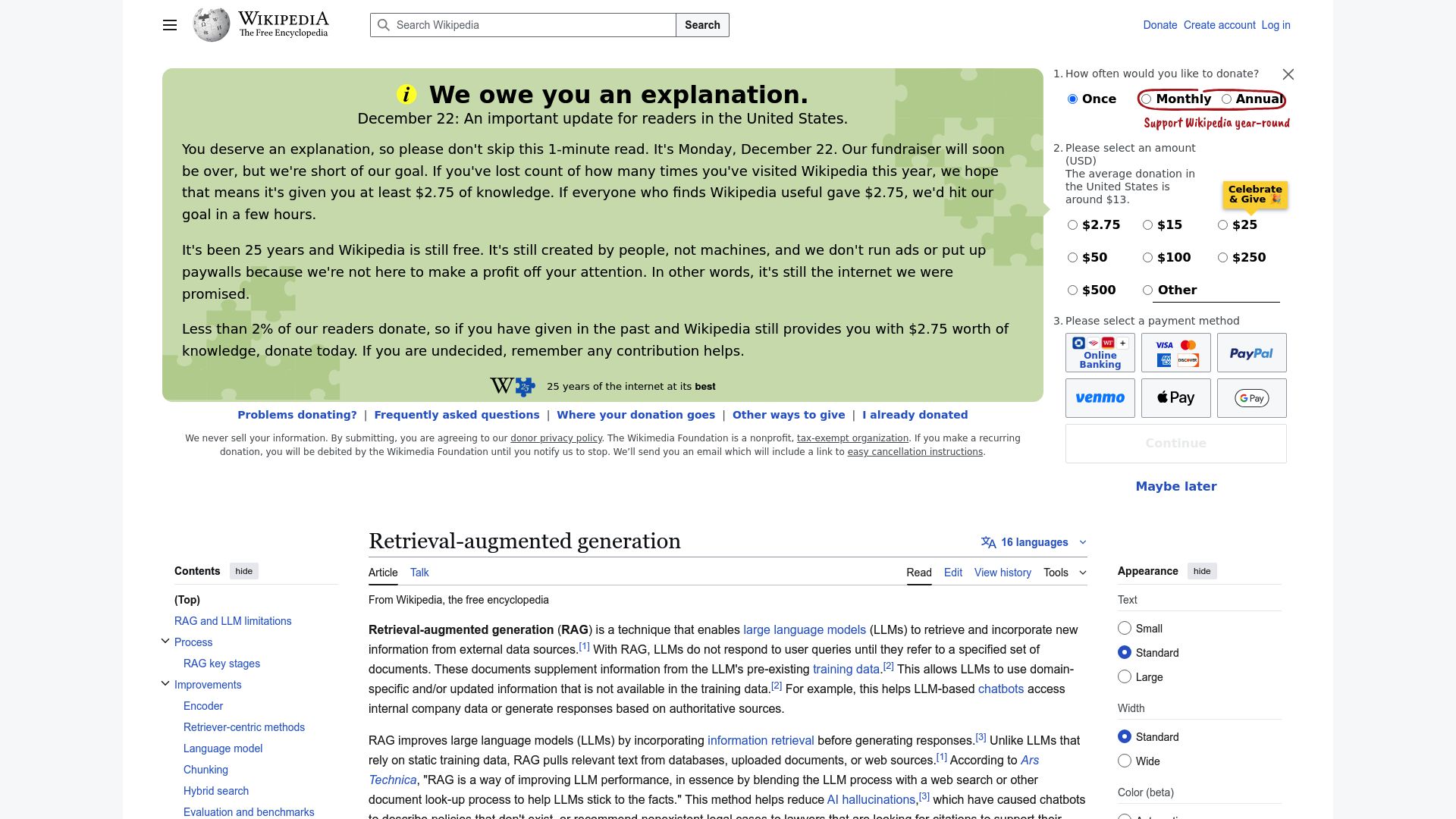 Screenshot of the Wikipedia page definition of Retrieval-Augmented Generation