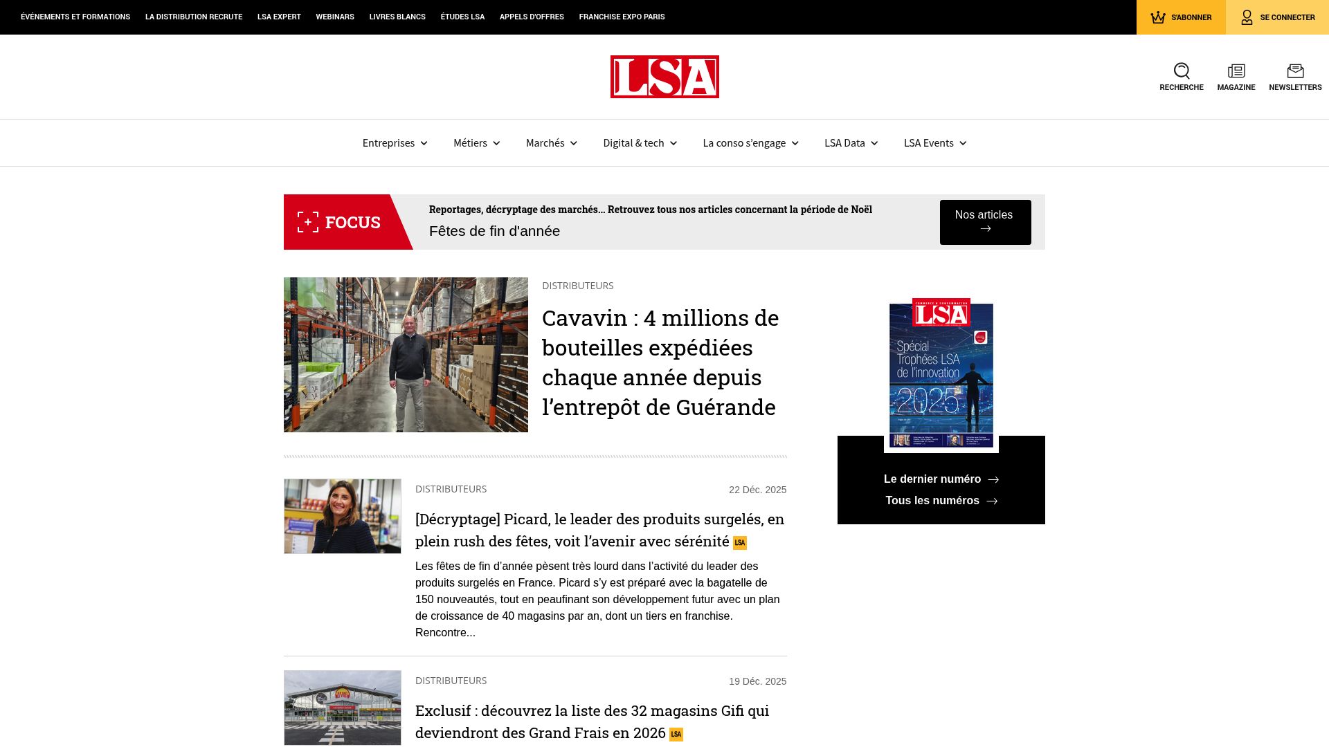 Screenshot of LSA Conso homepage showing latest retail trends and physical store innovations