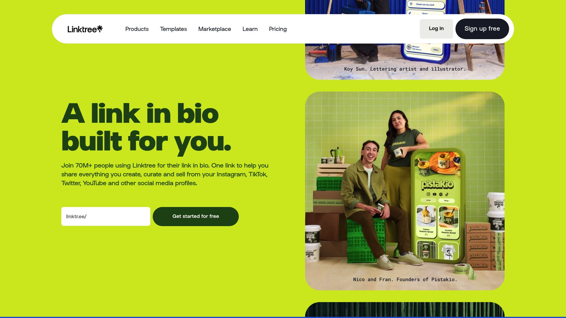 Screenshot of Kiosque QR homepage showing the create account button and artist features
