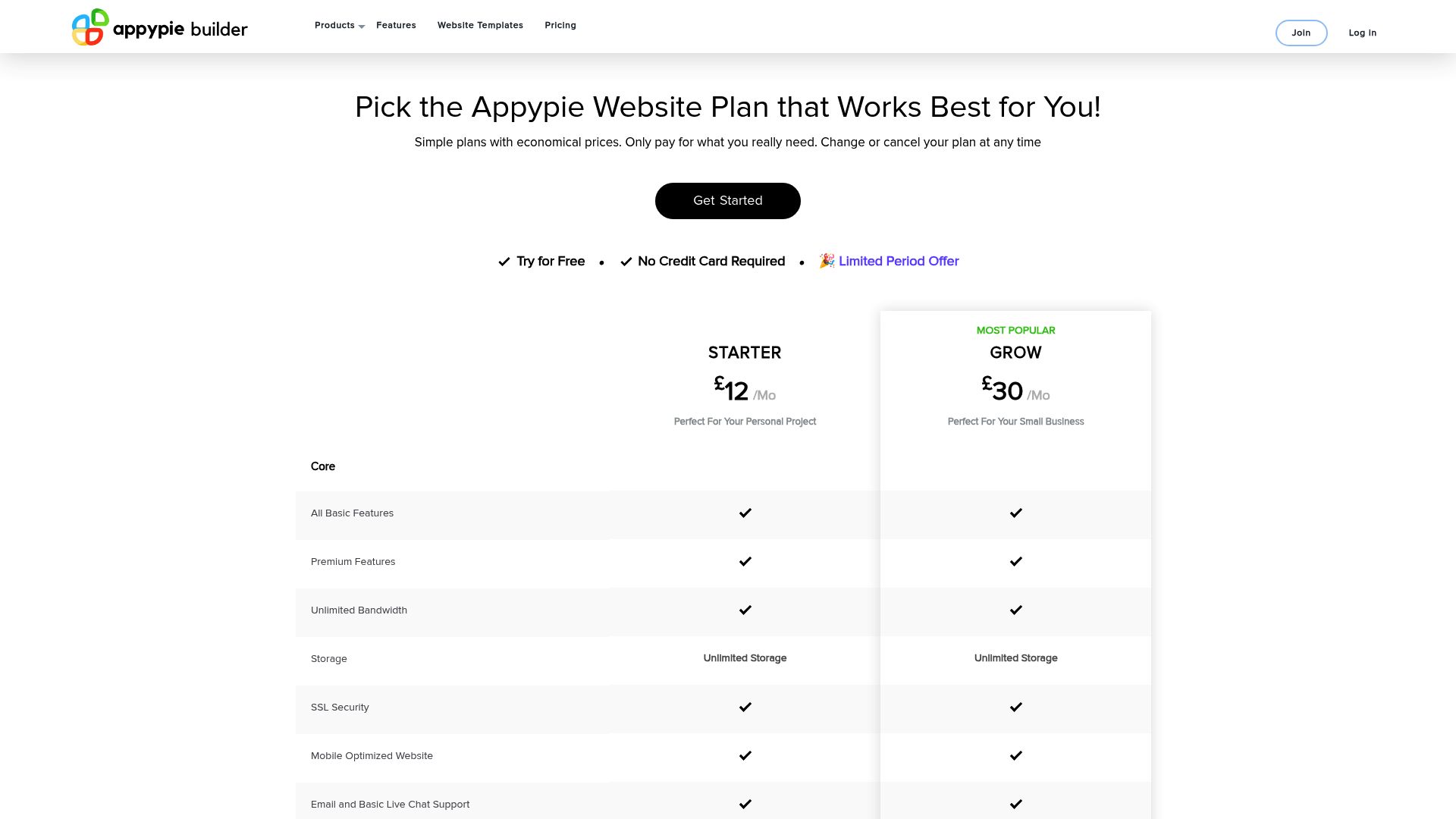 Screen capture of Appy Pie pricing page showing different tiers