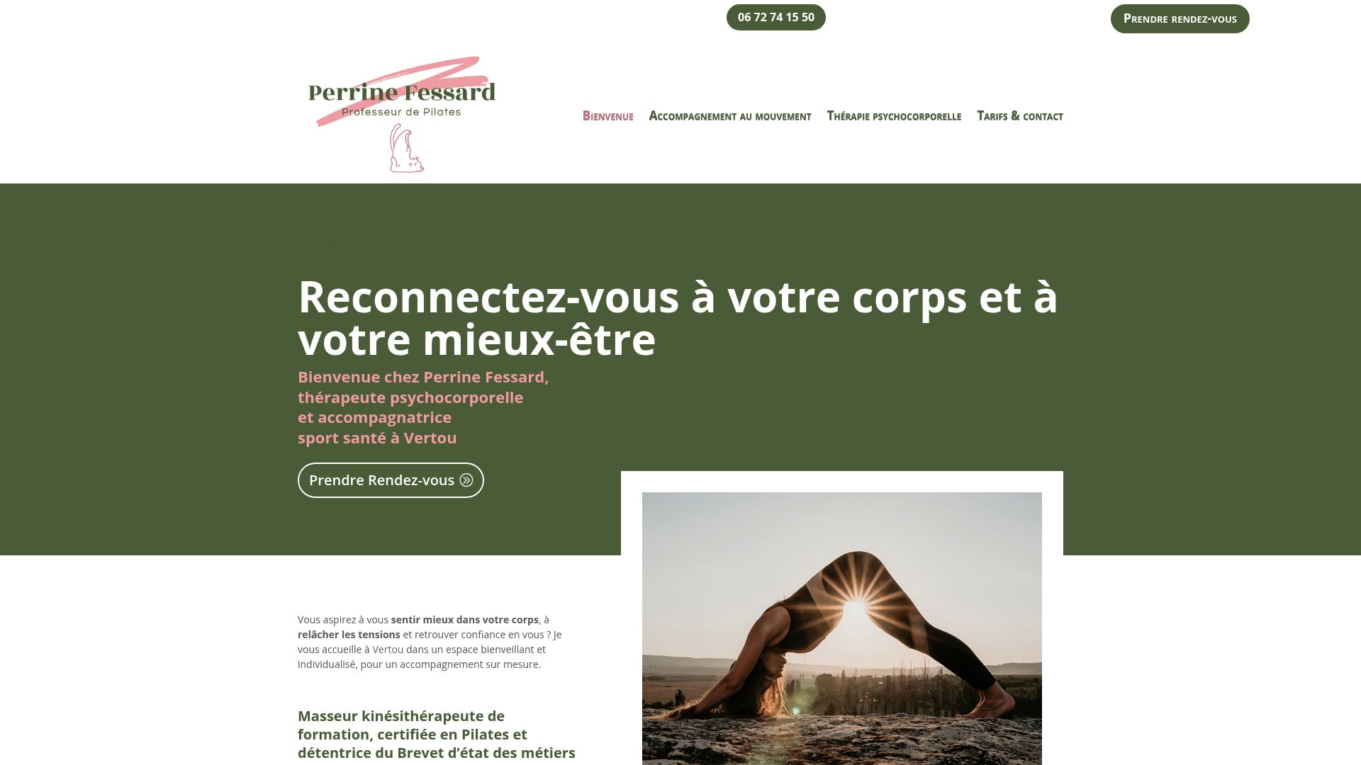 Website header screenshot of Perrine Fessard Therapie Psychocorporelle showcasing her services