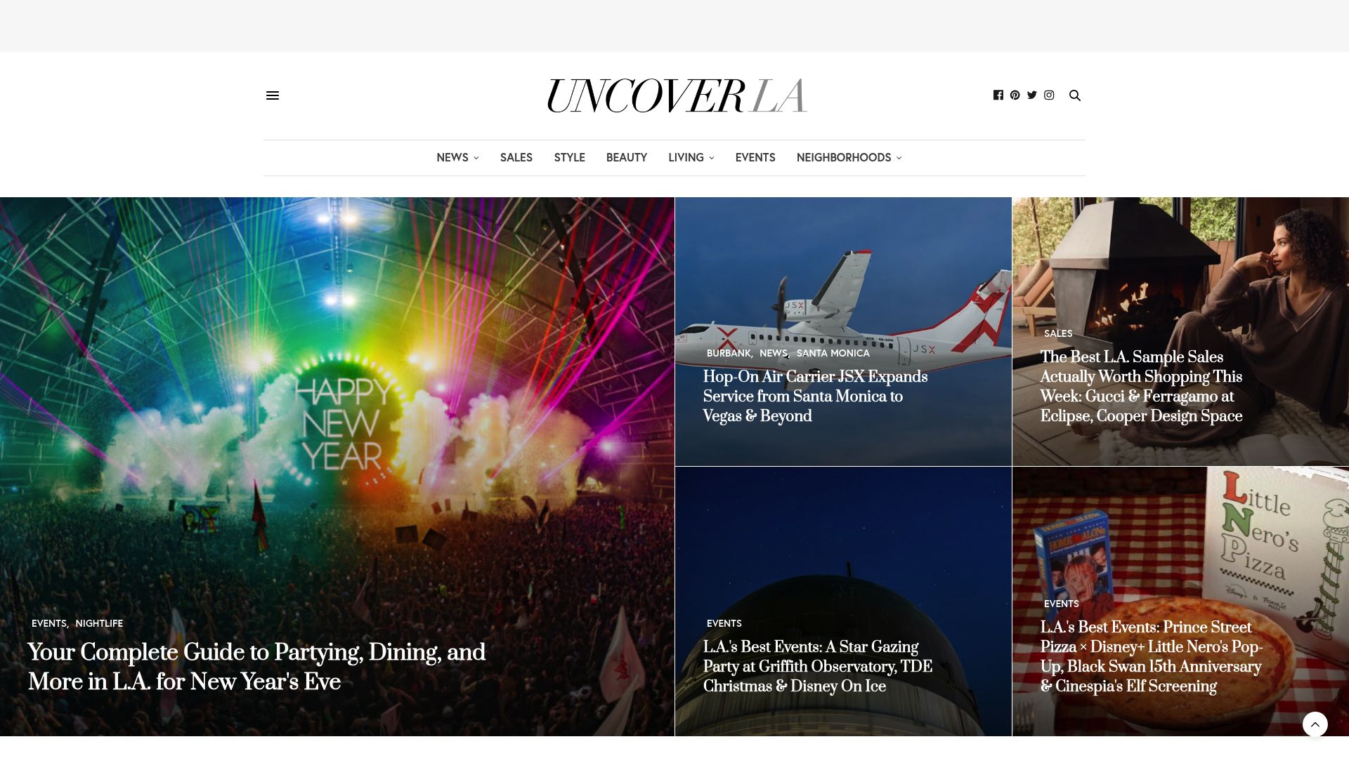 Screenshot of the extensive list of sample sales on UncoverLA website, showing dates and brand names like Eclipse and Cooper Design Space