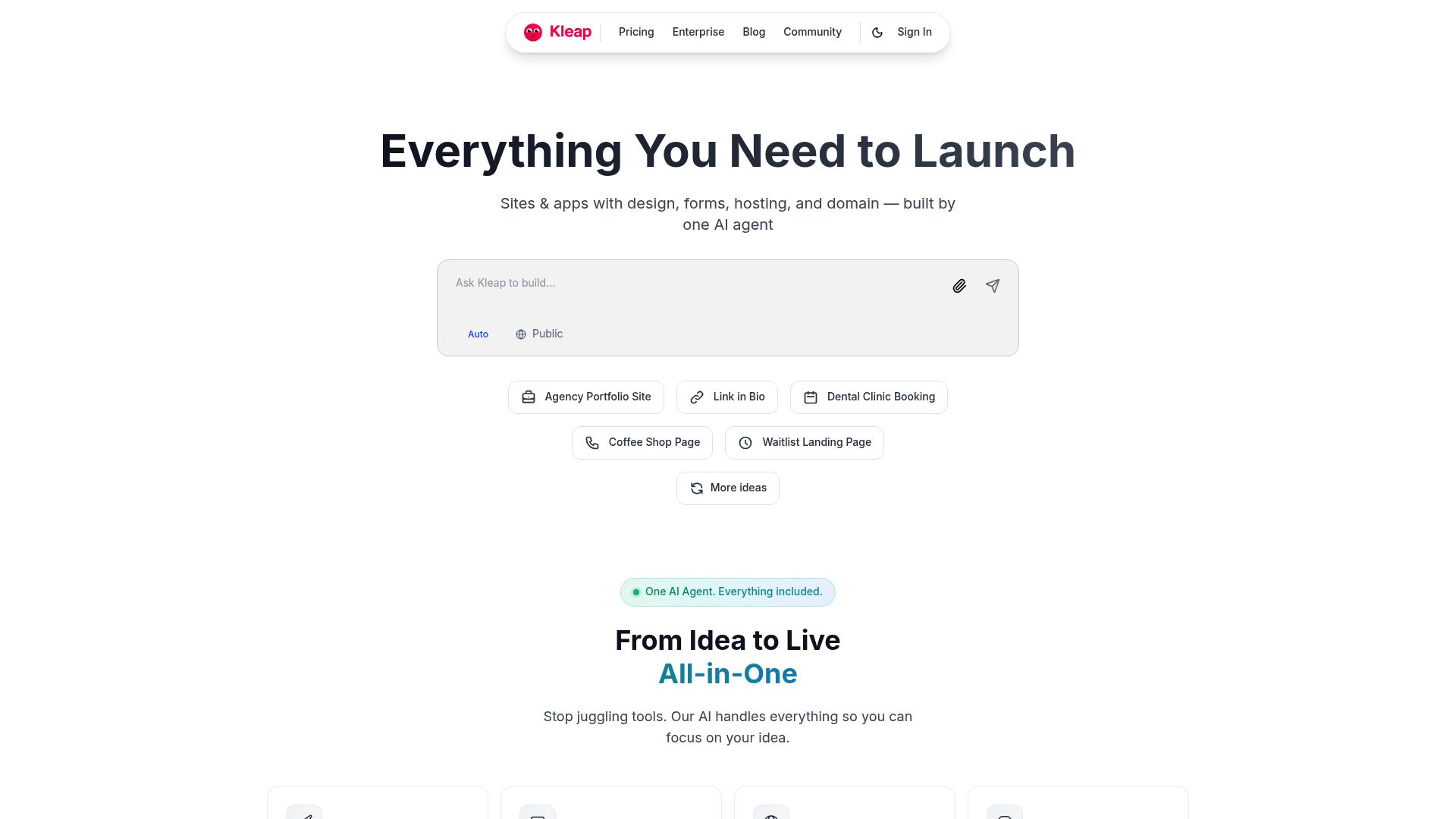 Screenshot of Kleap website builder interface showing ease of use for creating landing pages