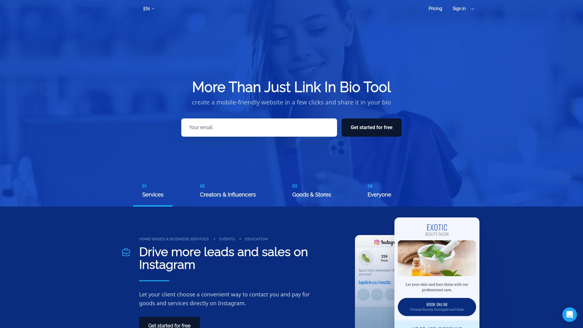 Screenshot of Taplink's landing page showing various templates for artist bio pages