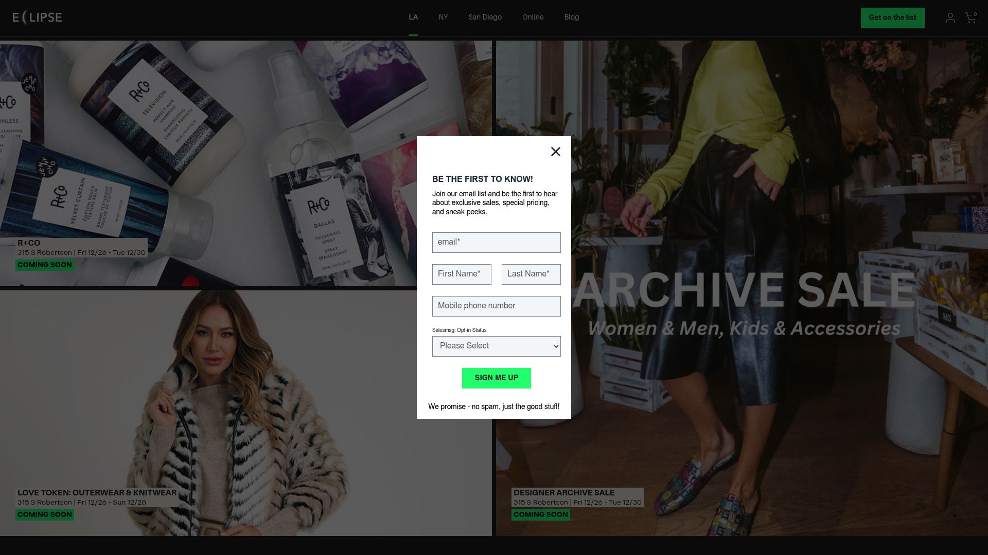 Eclipse sample sale website homepage showing luxury brands logos and discount percentages