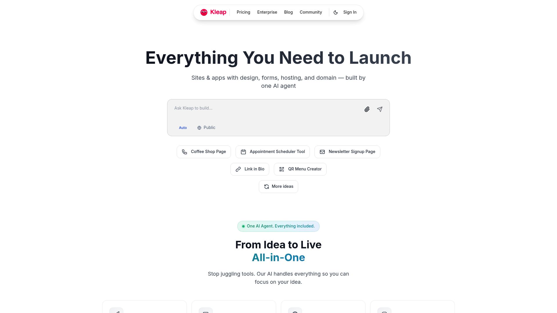 Kleap interface showing the chat-based AI builder generating a mobile-first website