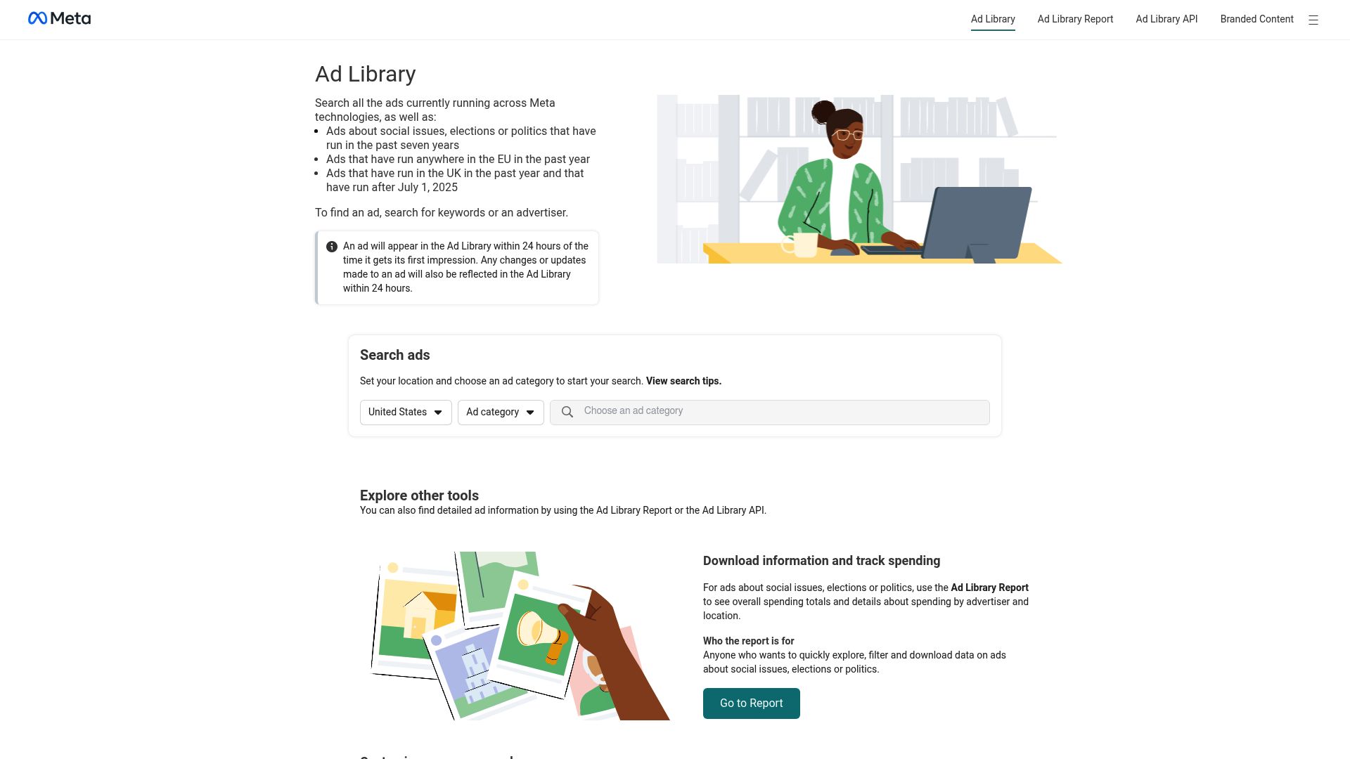 Screenshot of the Facebook Ads Library search interface focusing on the country selection and category dropdown
