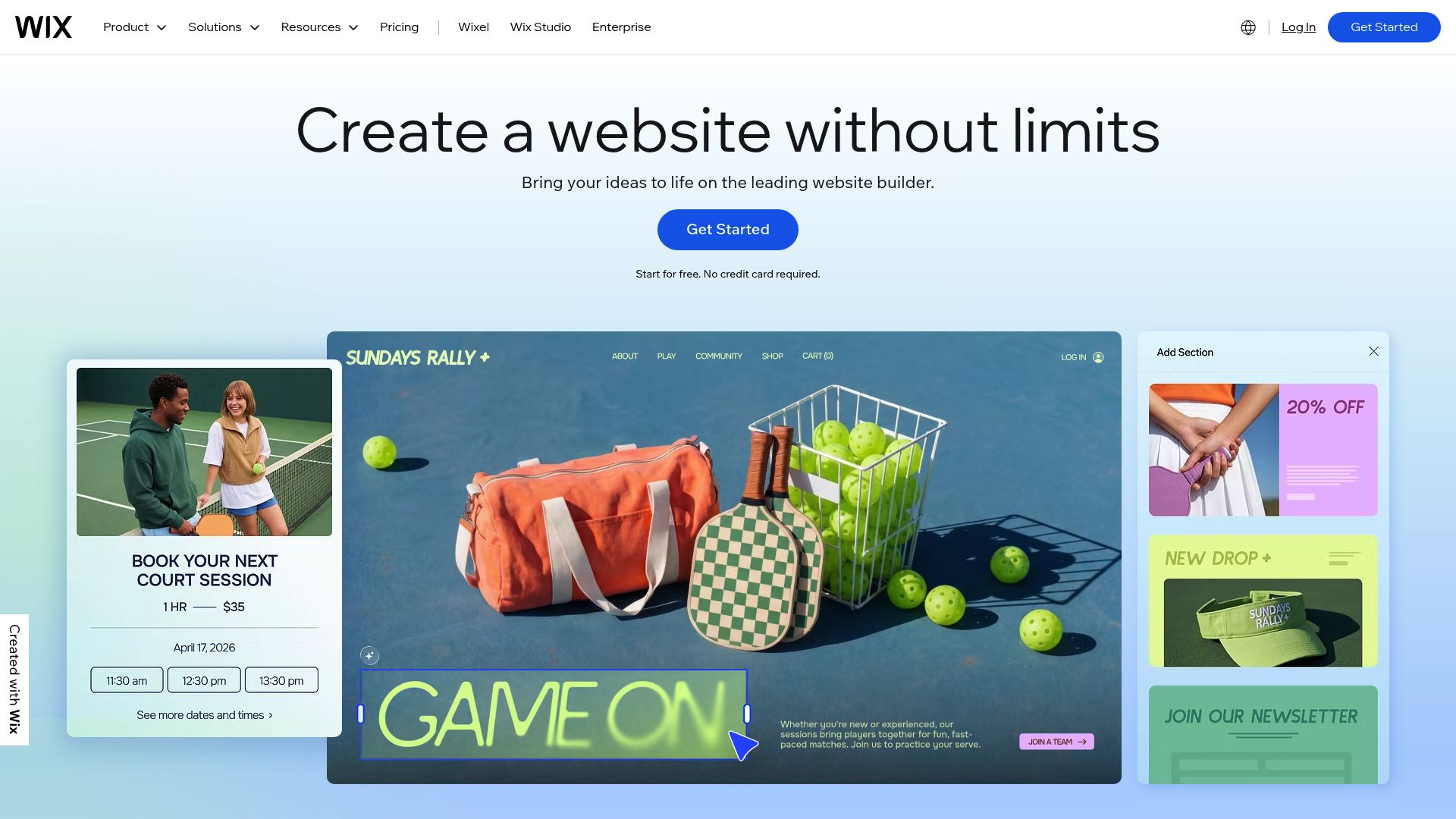 Wix AI editor interface showing layout options
