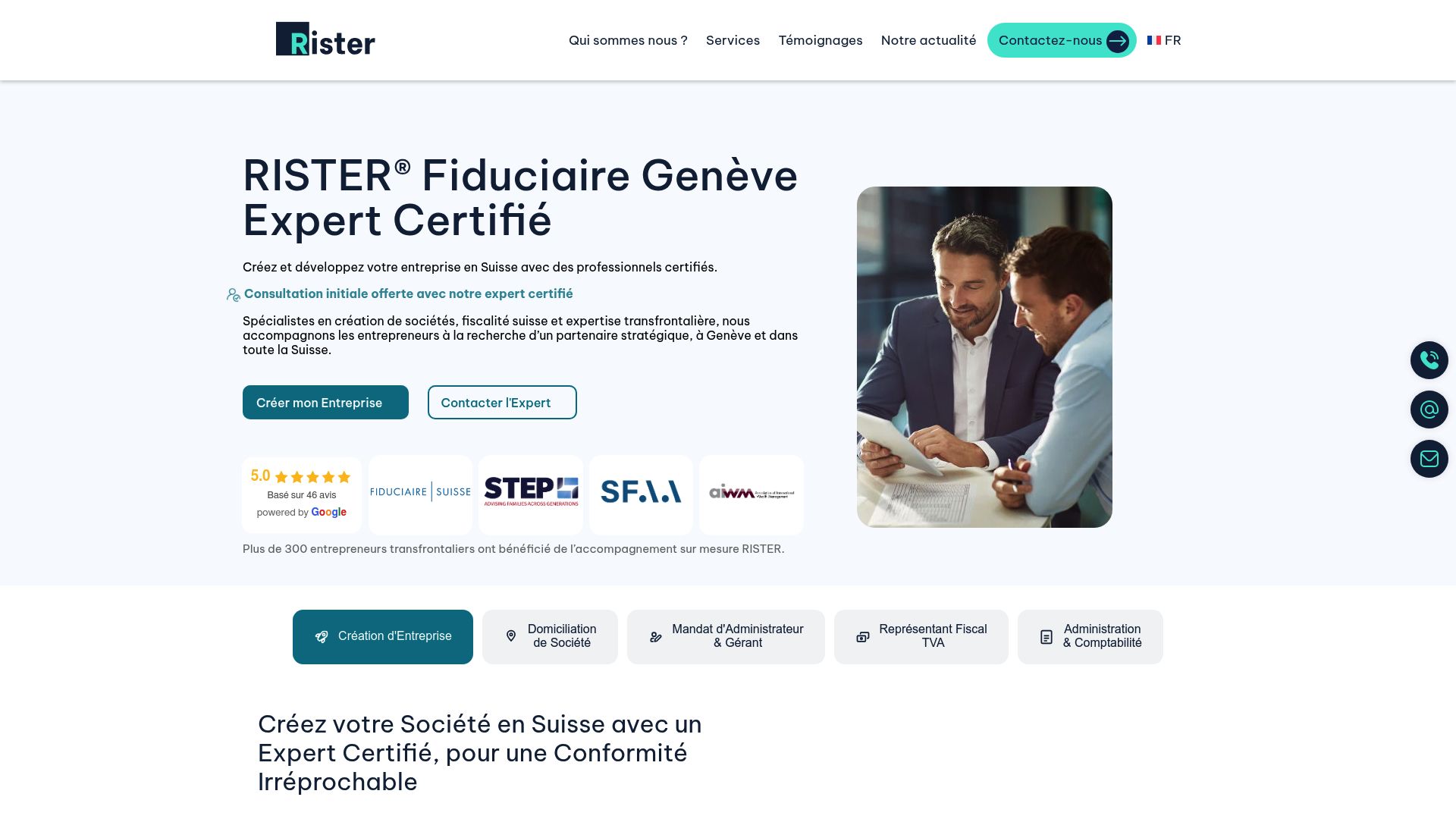 Capture d'écran de la page d'accueil du site de la fiduciaire Rister.