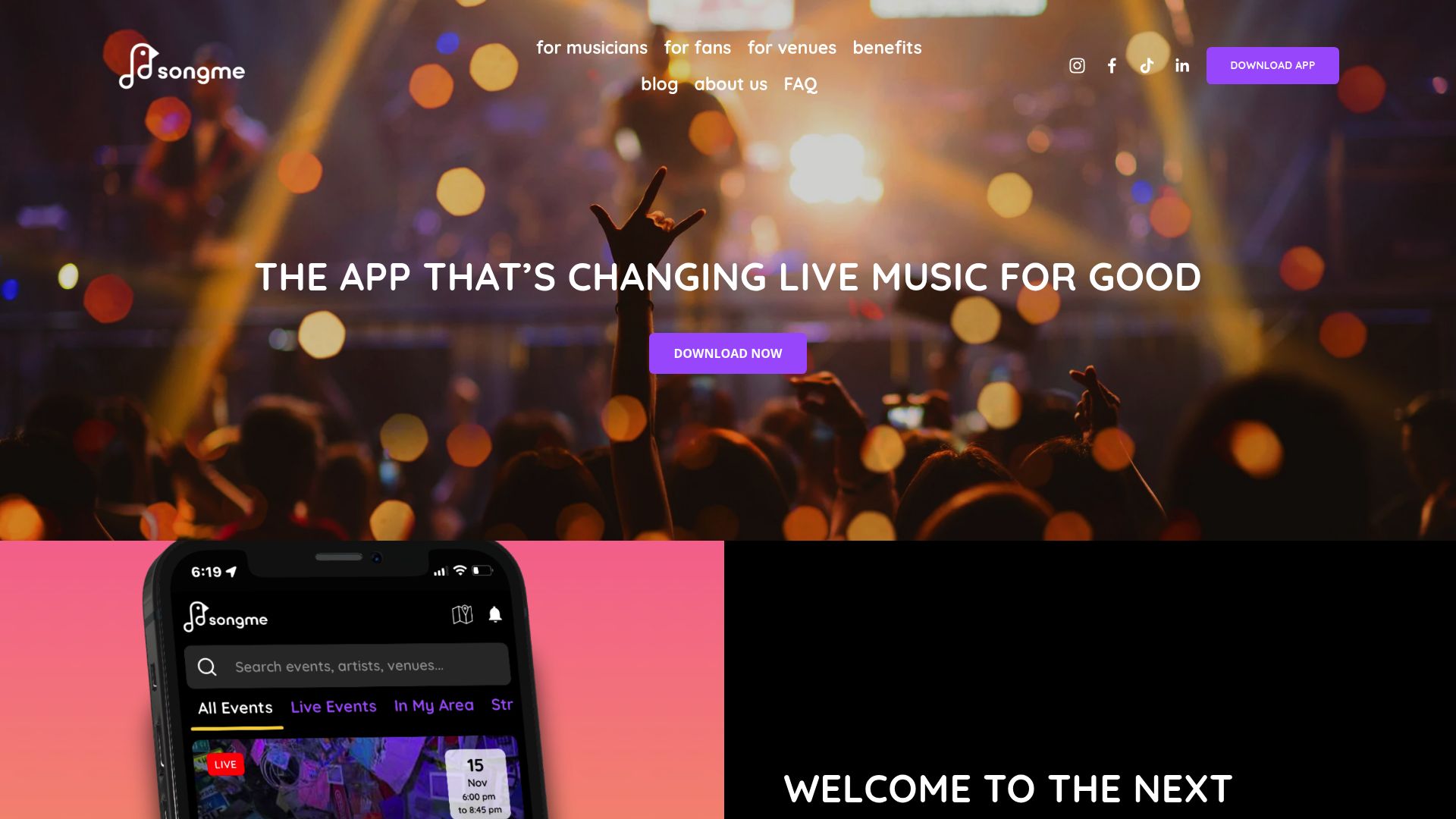 Screenshot of the SongMe homepage showing the musician interface and app features