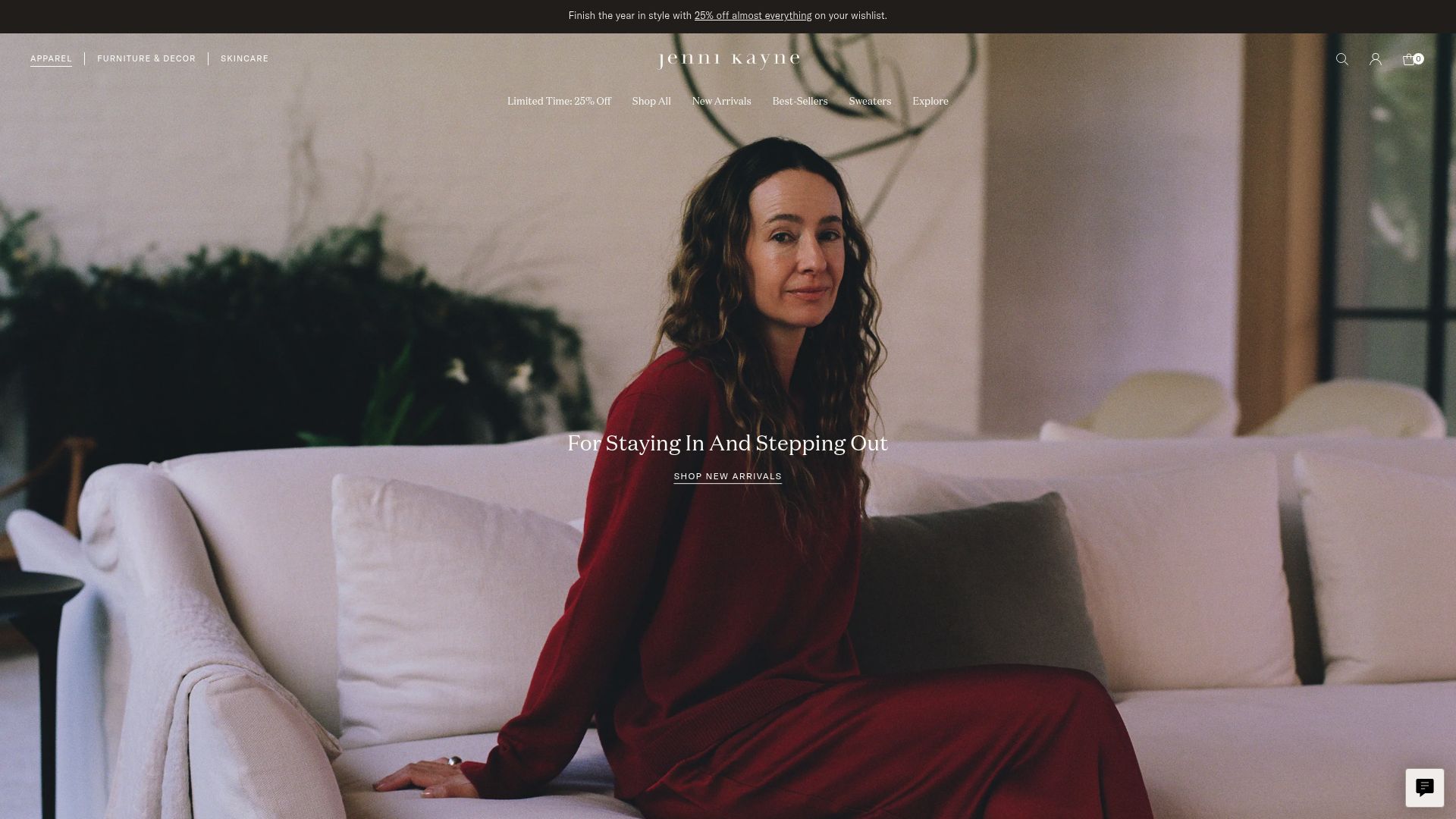 Screenshot of the top section of Jenni Kayne homepage showing minimalist knitwear and lifestyle scenarios
