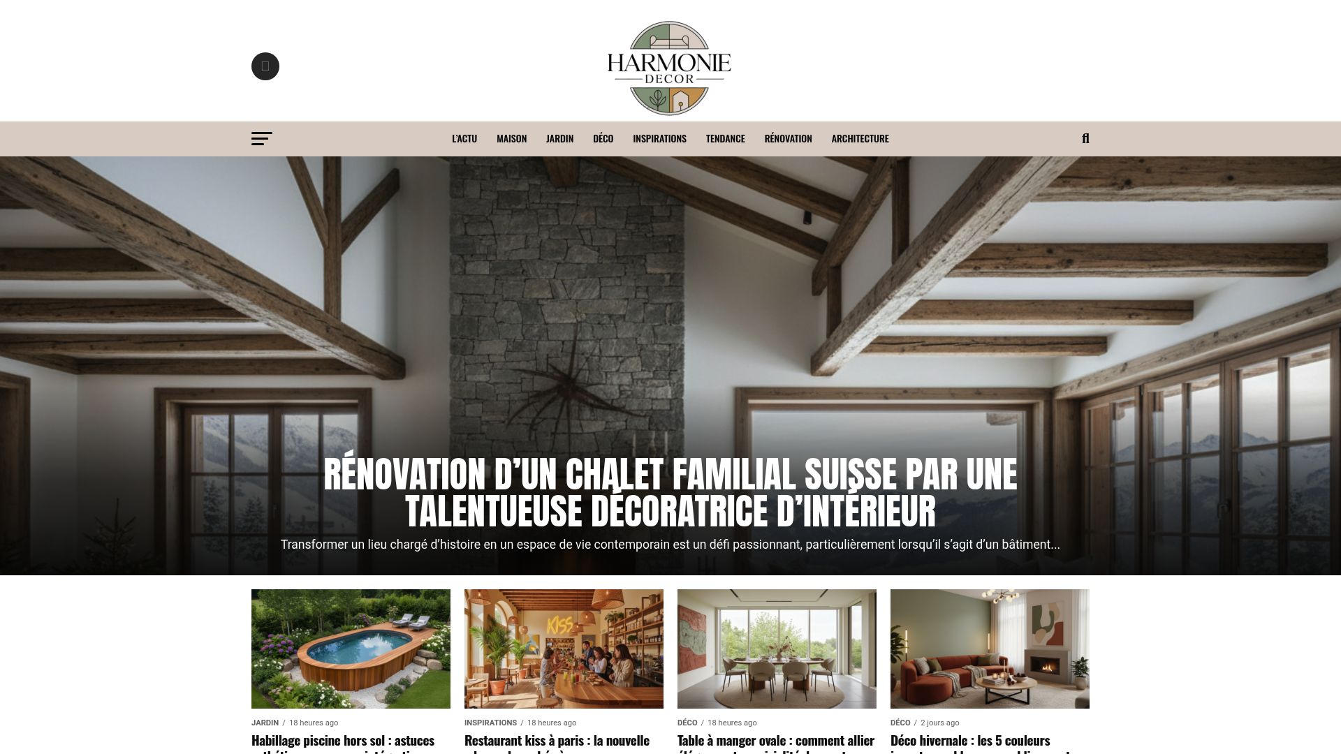 Screenshot of harmonie-decor.fr website featuring a blog post about color palettes in interior design