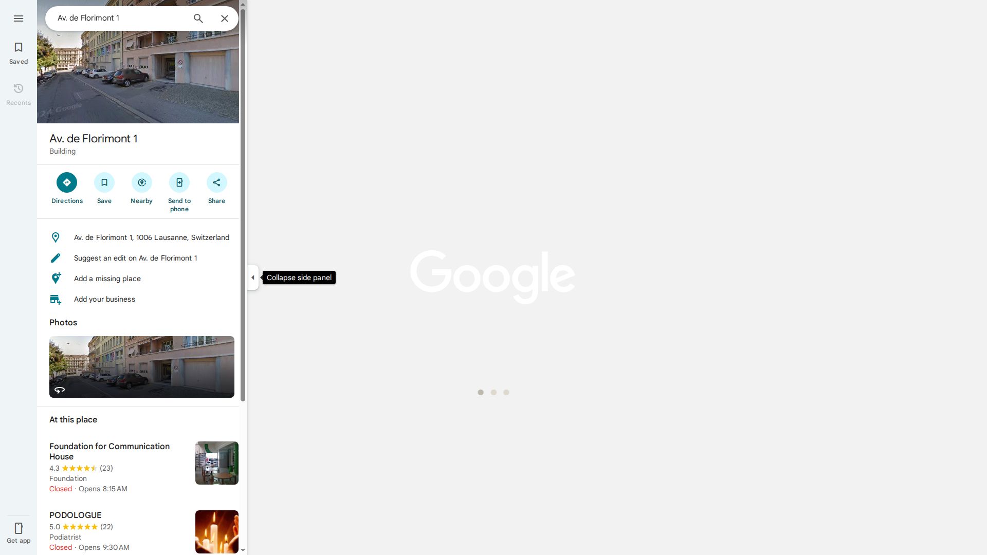 Map showing the location of Avenue de Florimont 1 relative to Lausanne train station