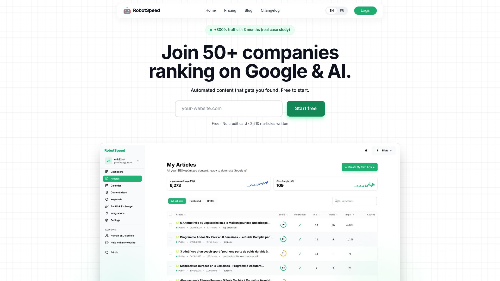Screenshot of RobotSpeed dashboard showing the 'Auto-Publish' feature and link network status