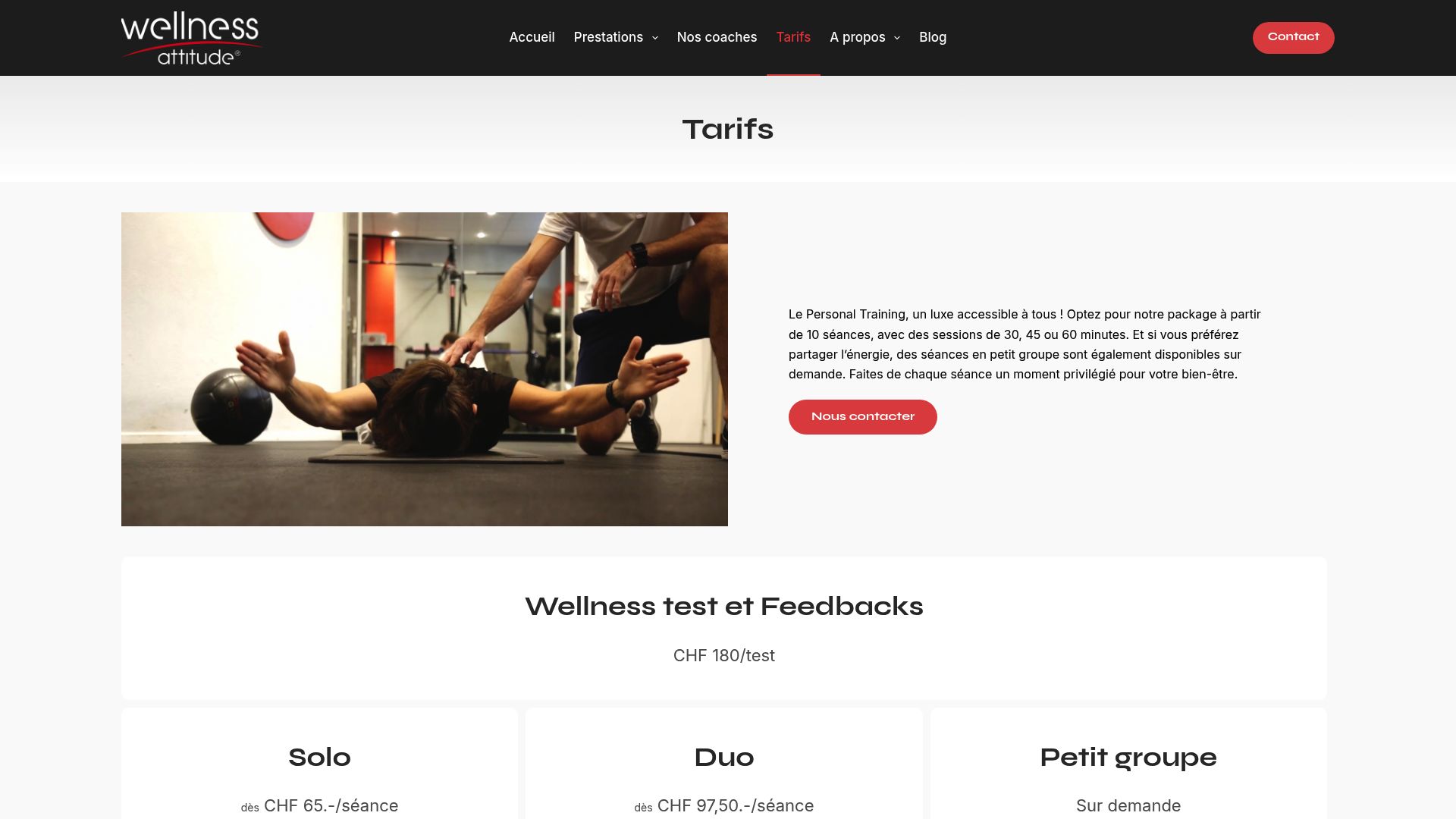 Screenshot of the pricing packages page from Wellness Attitude showing the decreasing price per session.