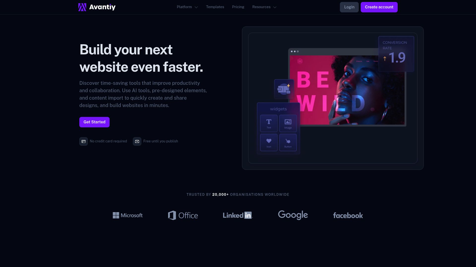 Screenshot of Avantiy website builder interface showing prompt input