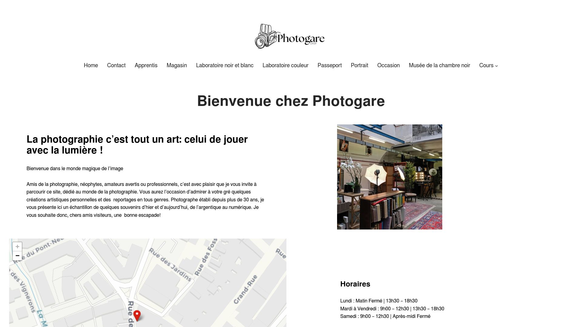 Screenshot of the Photogare Morges website showing their storefront and services