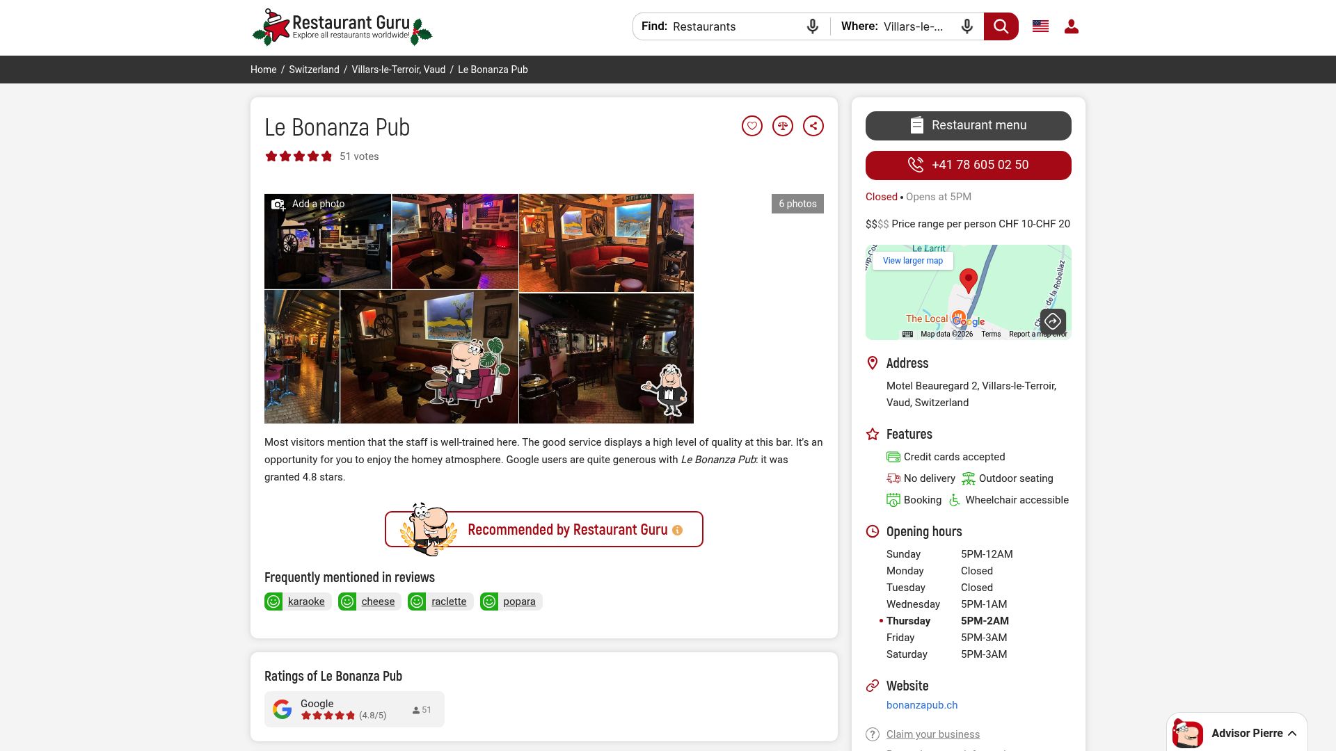 screenshot of Restaurant Guru page showing 4.9 rating for Le Bonanza Pub Villars-le-Terroir