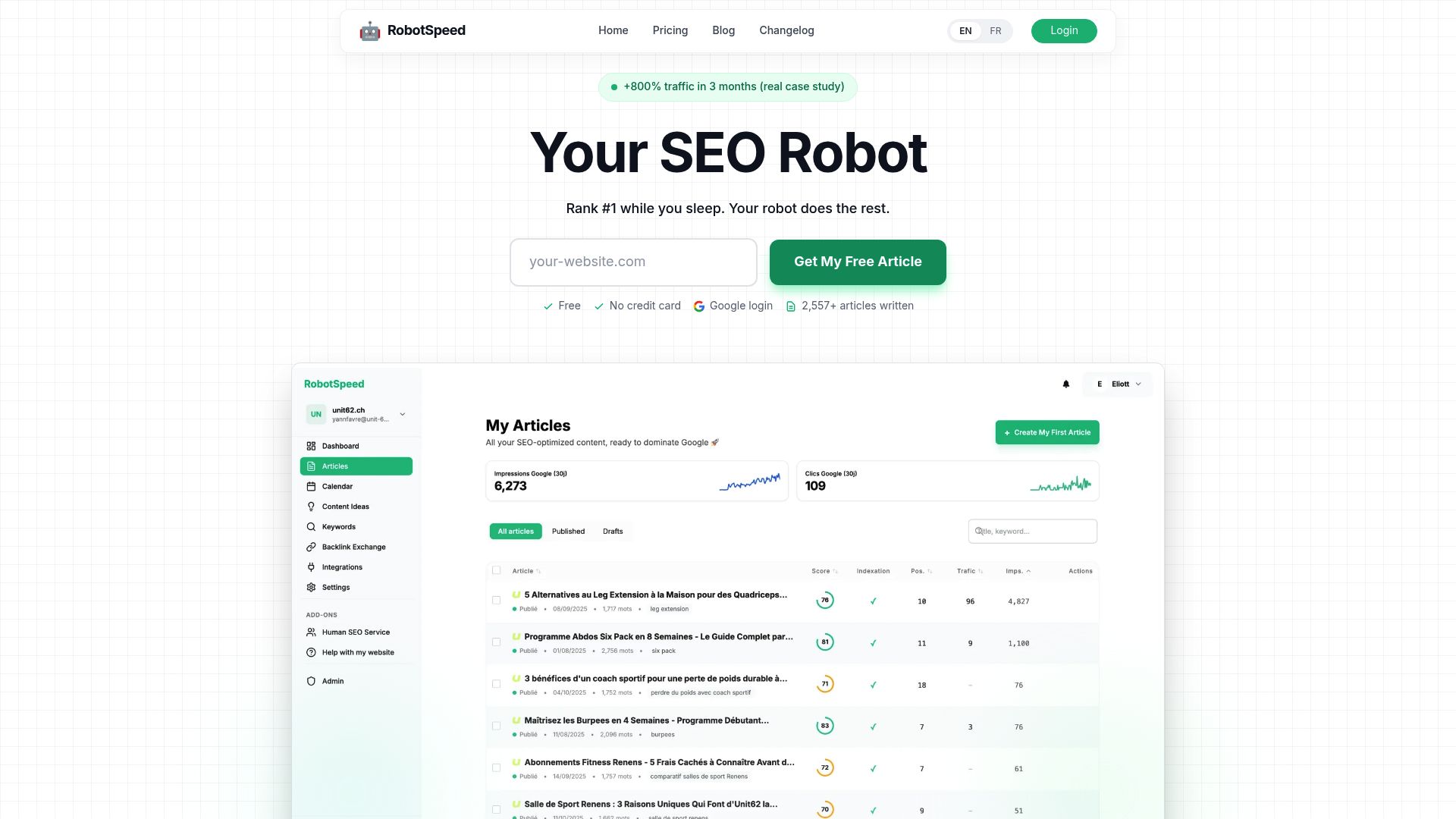 RobotSpeed dashboard showing automated content calendar and AI writing in progress