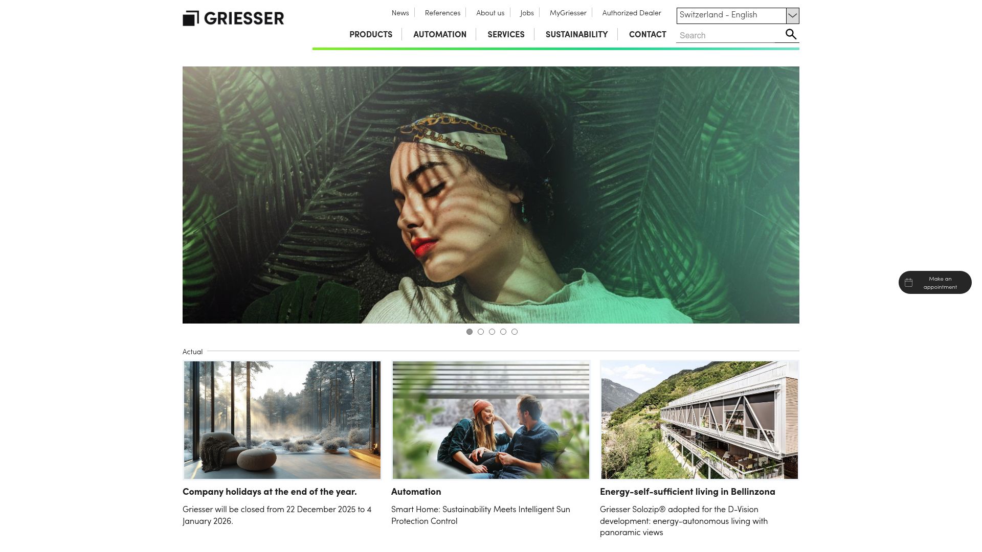 Screenshot of Griesser website page showing balcony awnings description