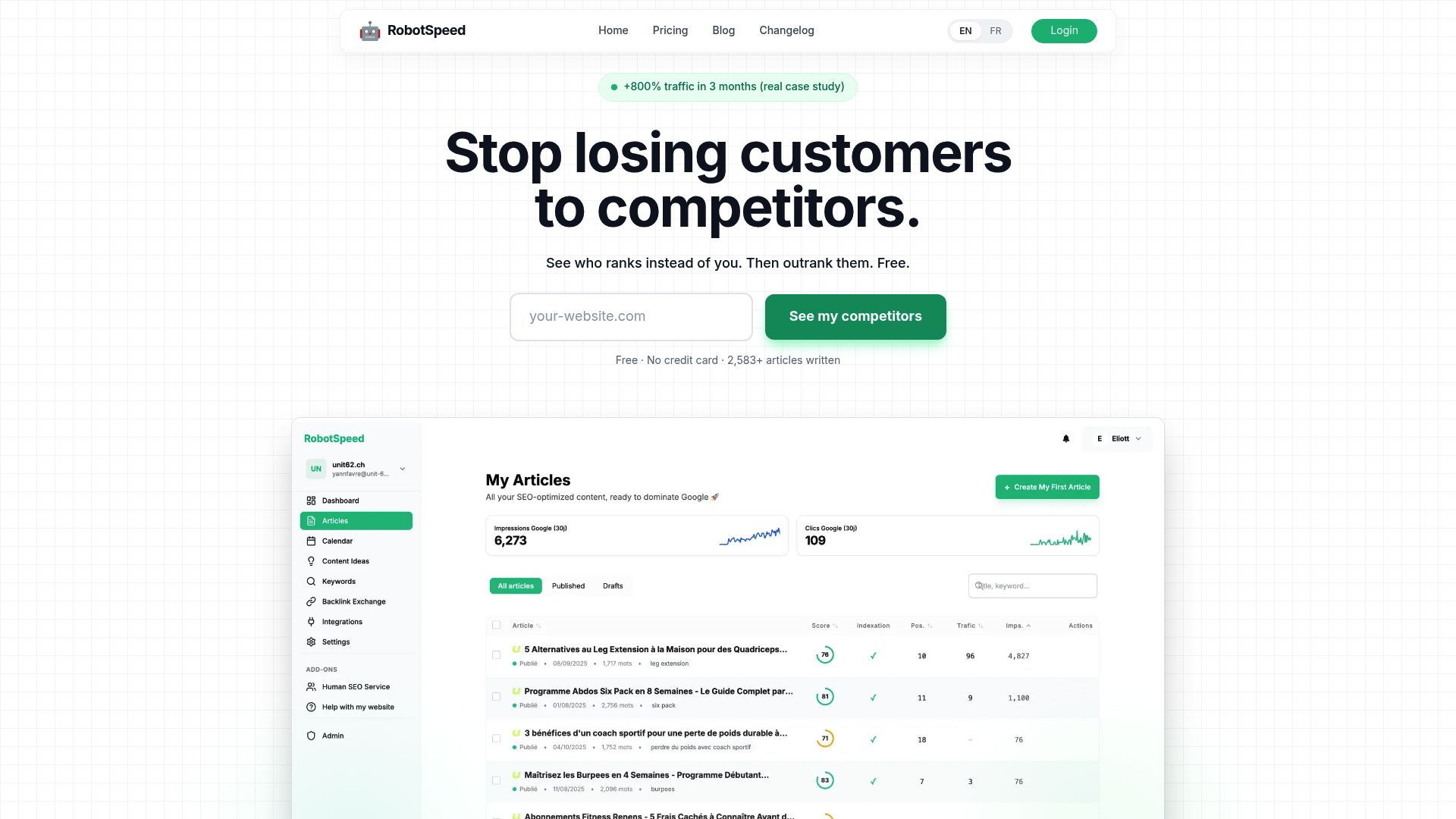 RobotSpeed dashboard showing the content calendar and backlink automated status.