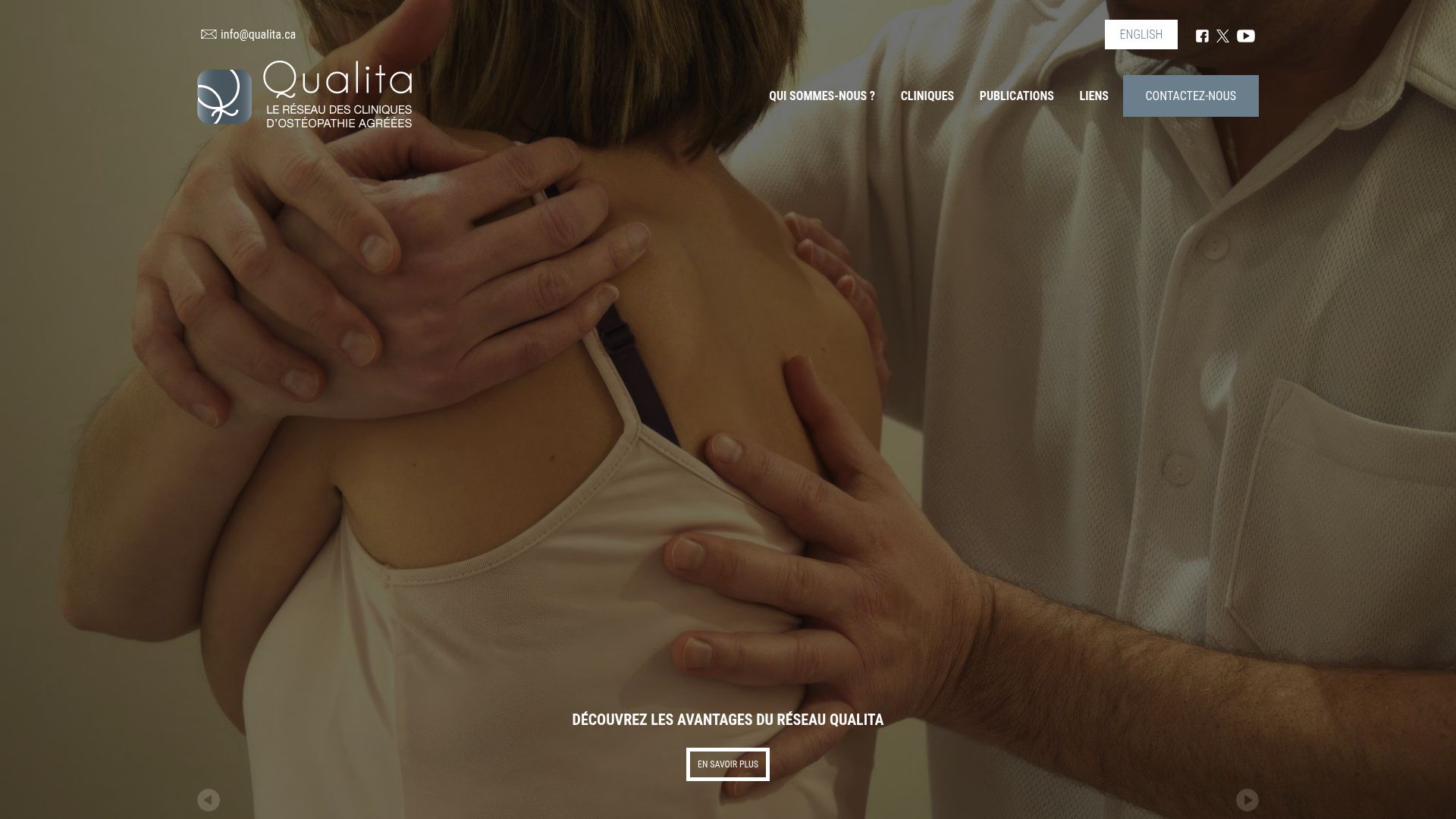 Capture d'écran de la page d'accueil du site Qualita.ca montrant un article sur l'ostéopathie