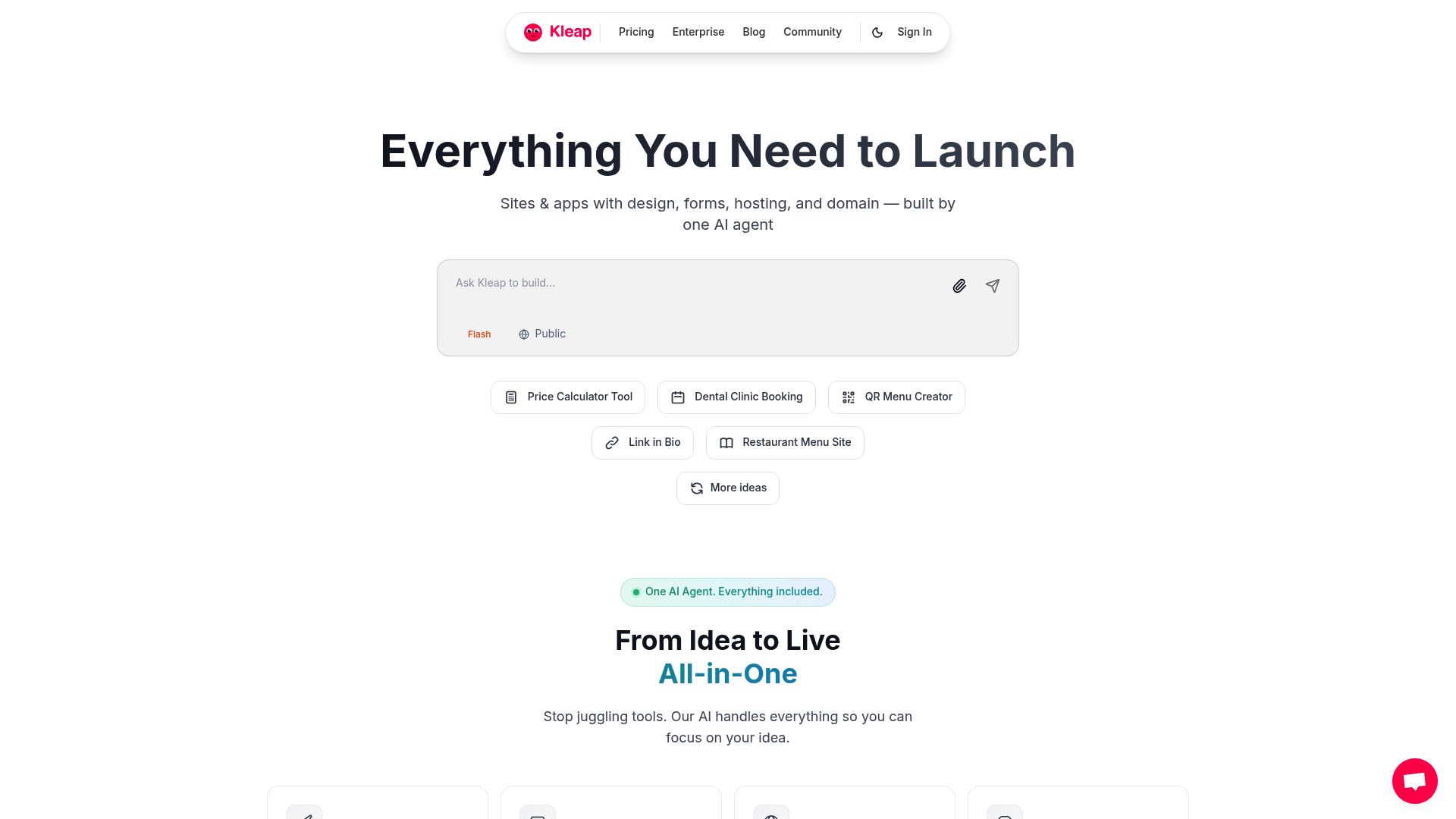 Kleap.co homepage showing the mobile website builder interface