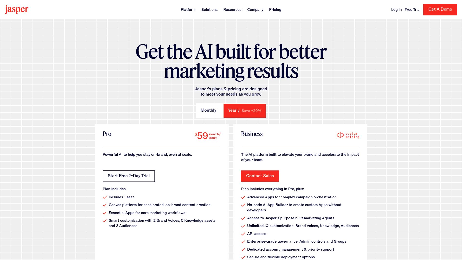 Screenshot of Jasper.ai pricing page showing diffrent tiers starting at $59