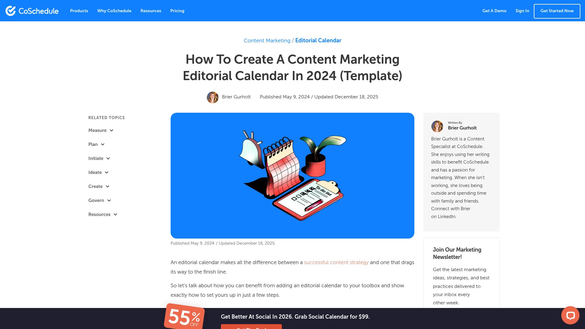 A content calendar interface showing scheduled blog posts for an online store