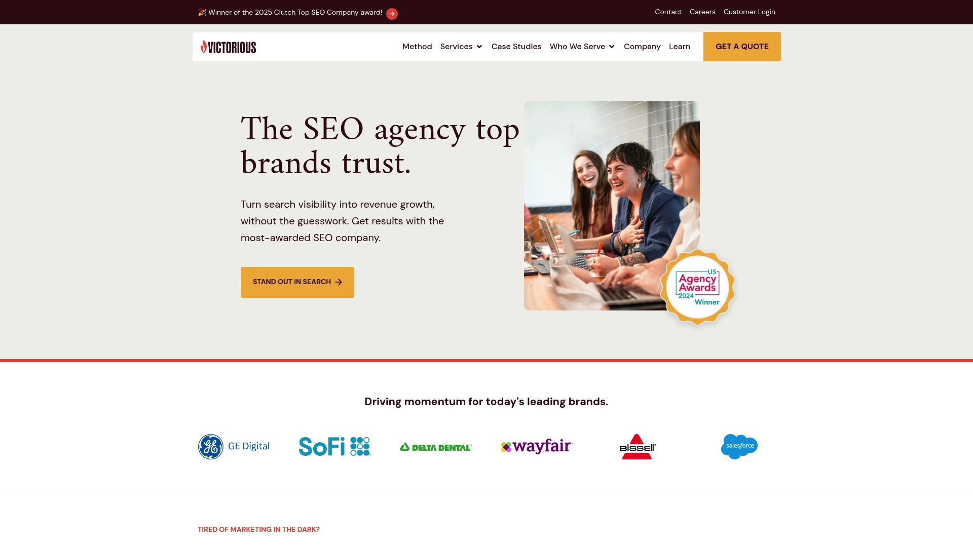 Screenshot of Victorious SEO agency homepage showing their awards and services