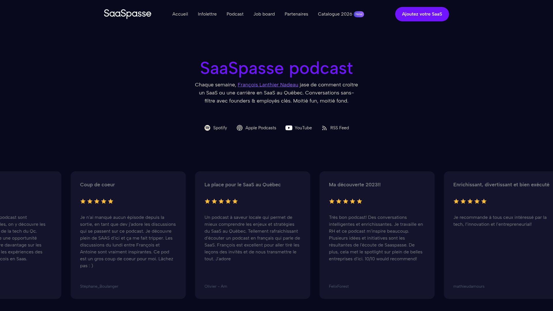 Screenshot of the SaaSpasse podcast website showing recent episodes