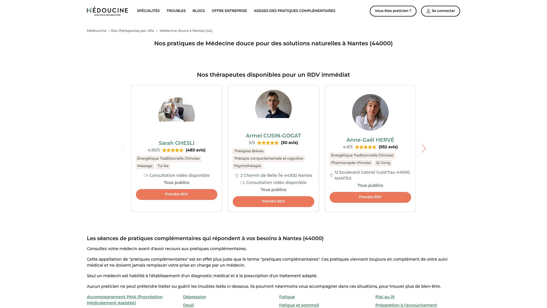 Screenshot of Medoucine search results page for acupuncture in Nantes to illustrate available network