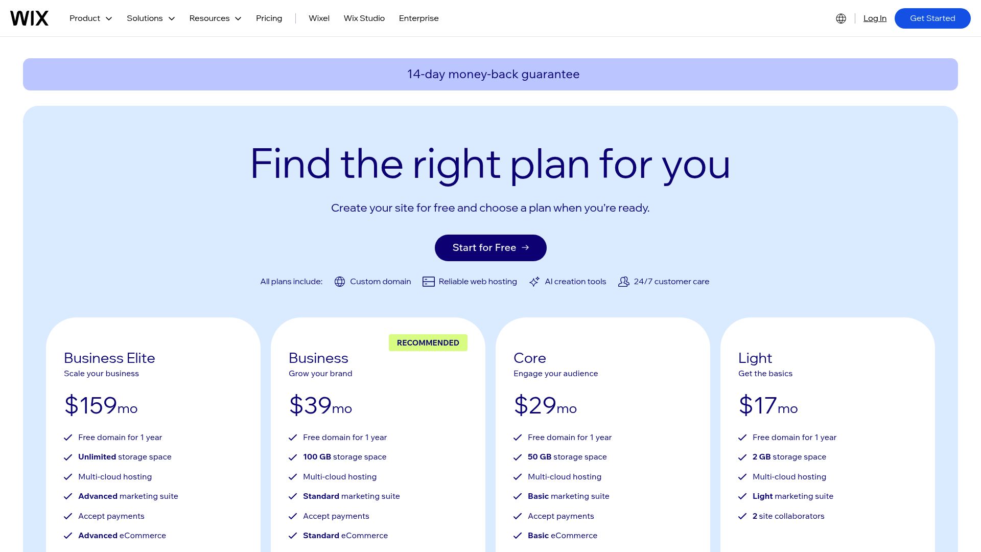 Screenshot of Wix pricing page highlighting the free plan features and limitations