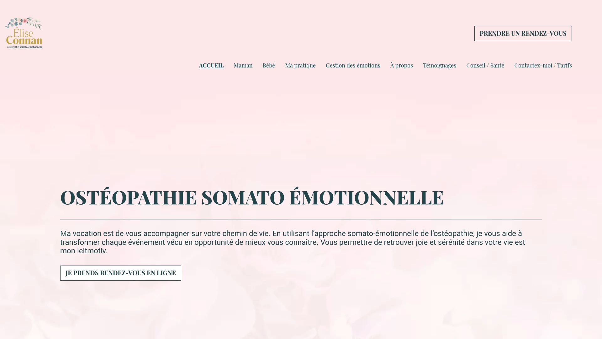 Screenshot of the Elise Connan osteopathy website showing the description of somato-emotional therapy.