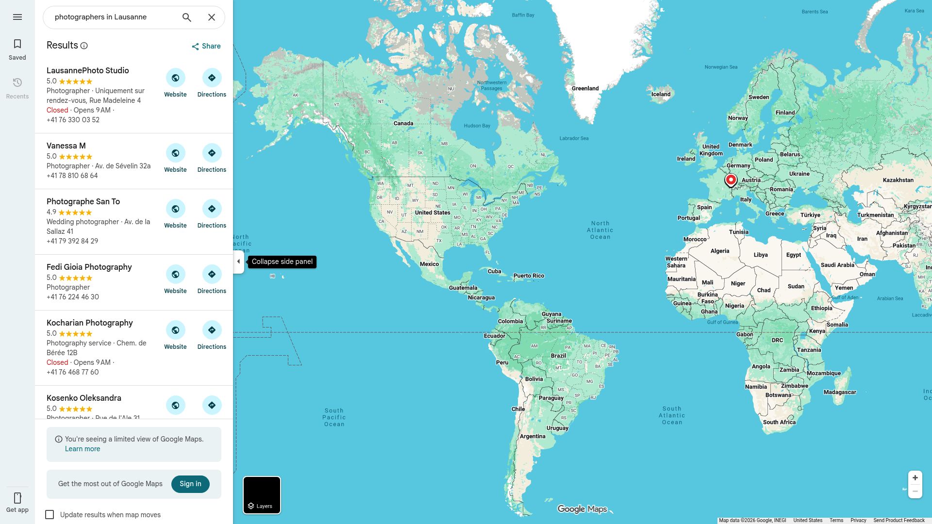 Google Maps interface showing search results for photographers in Lausanne area with pins and ratings visible