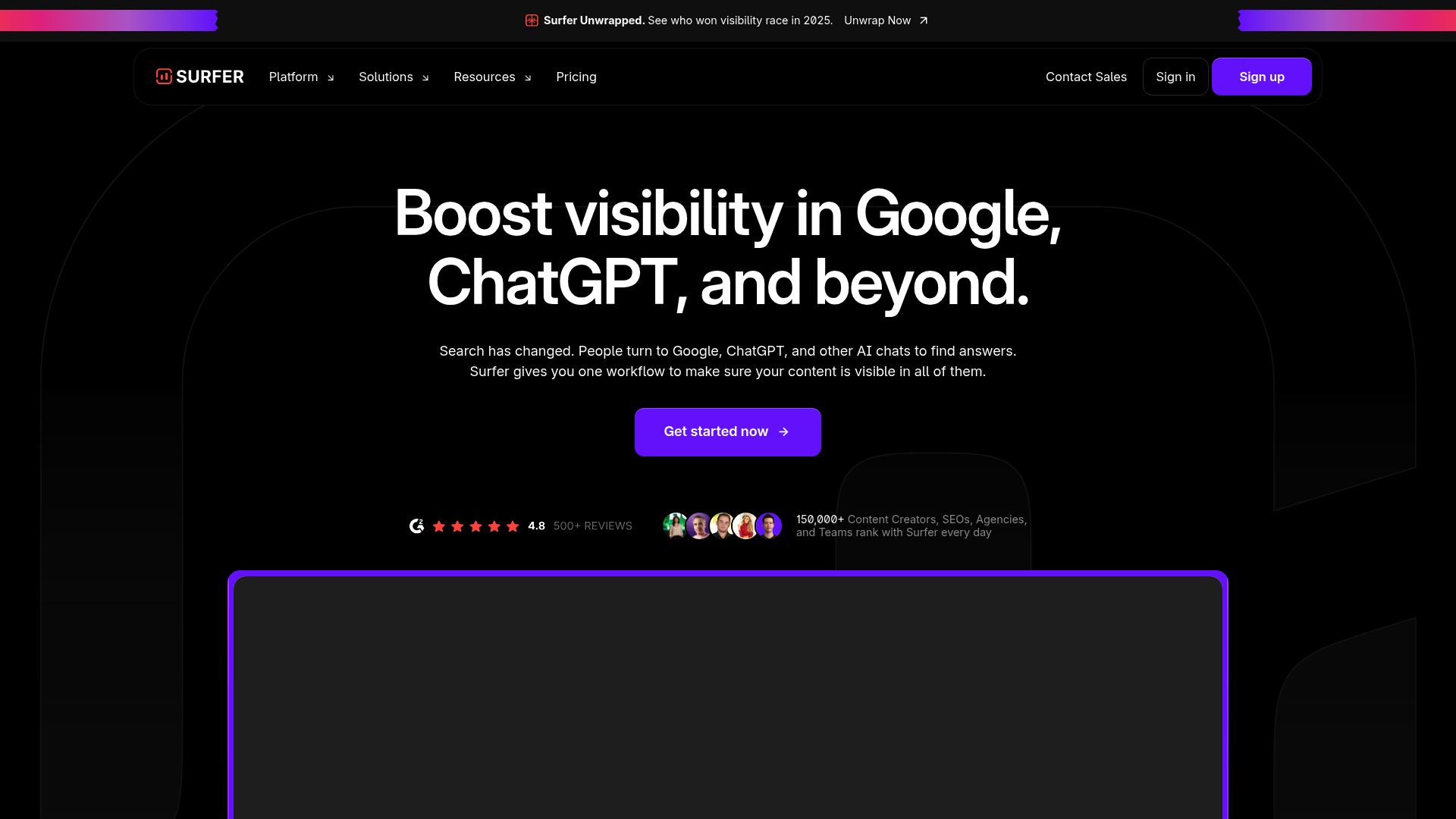 Screenshot of Surfer SEO landing page showing their free AI tools section
