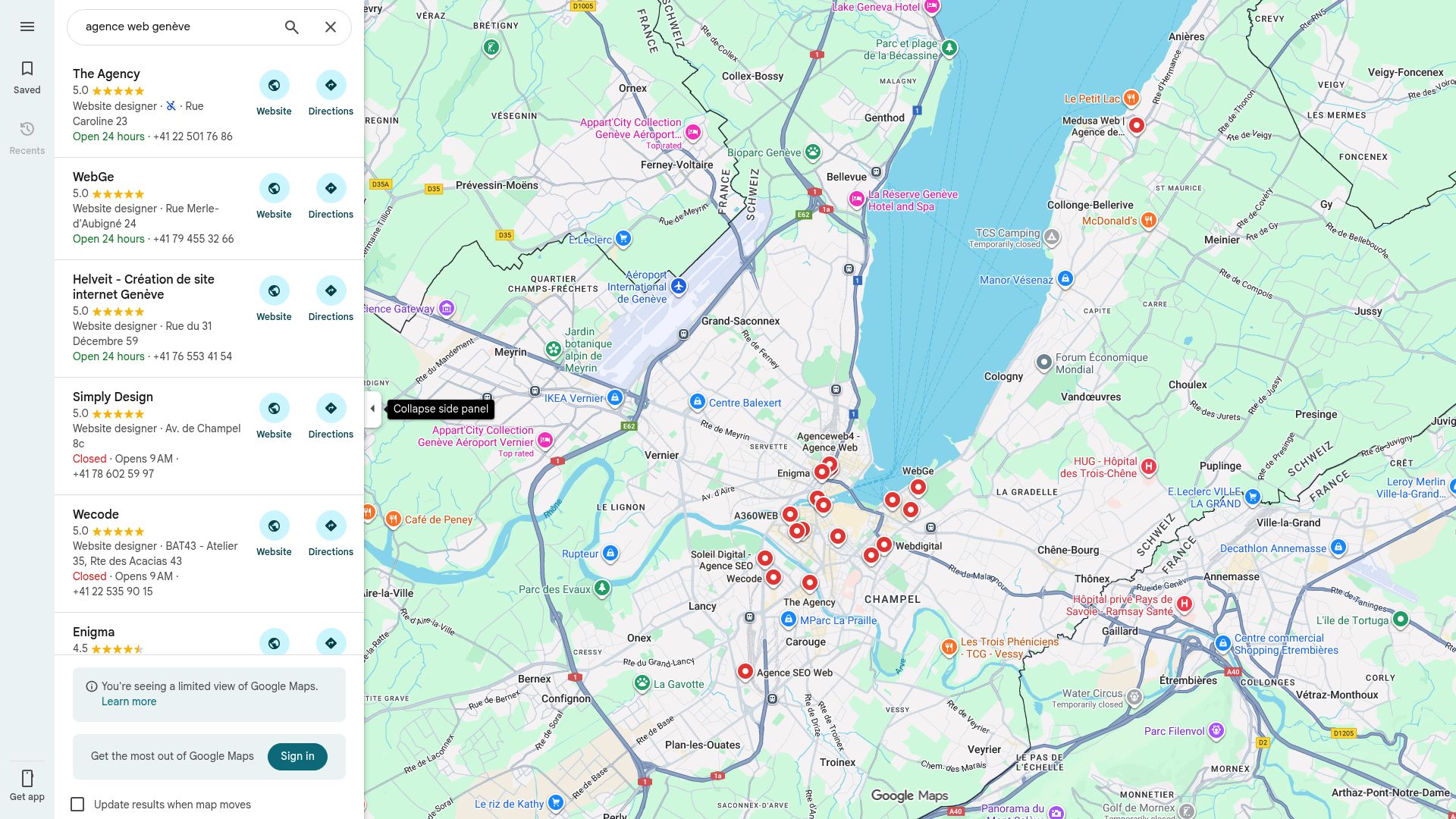 Screenshot of Google Maps search results for 'agence web genève' showing local pack listings
