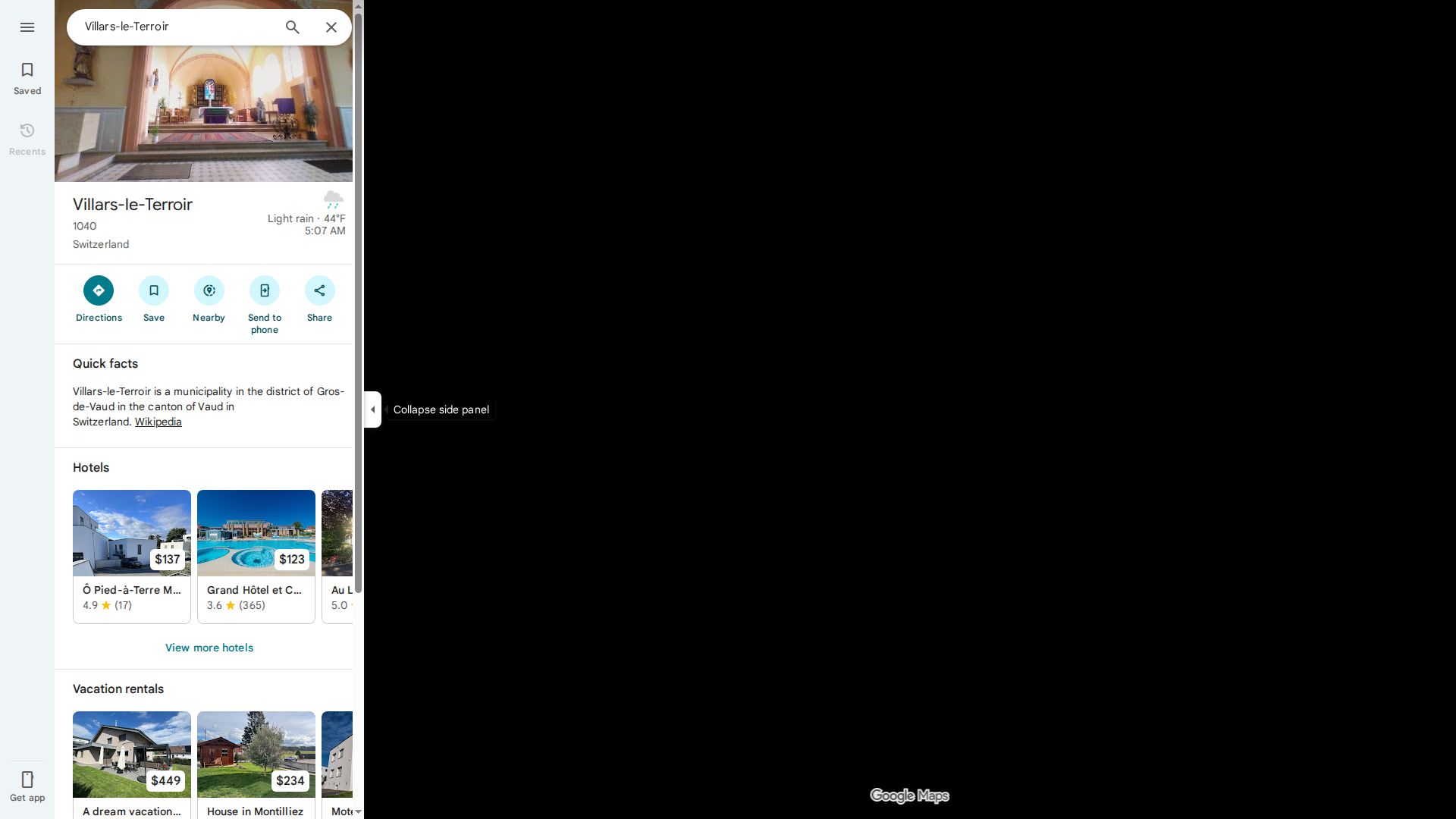 Screenshot of Google Maps showing location of Villars-le-Terroir relative to Echallens