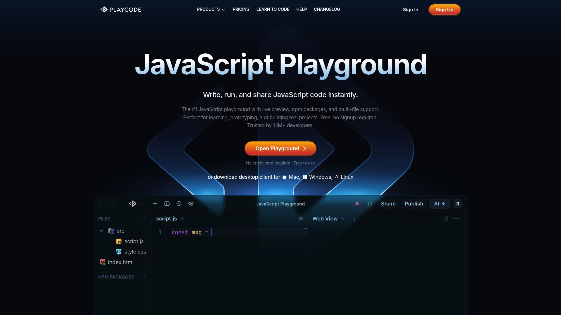 Screenshot of PlayCode AI builder interface showing code editor and live preview split screen