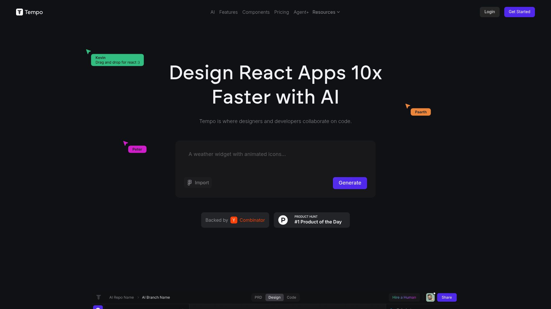 Screenshot of Tempo Labs visual editor converting a design to code