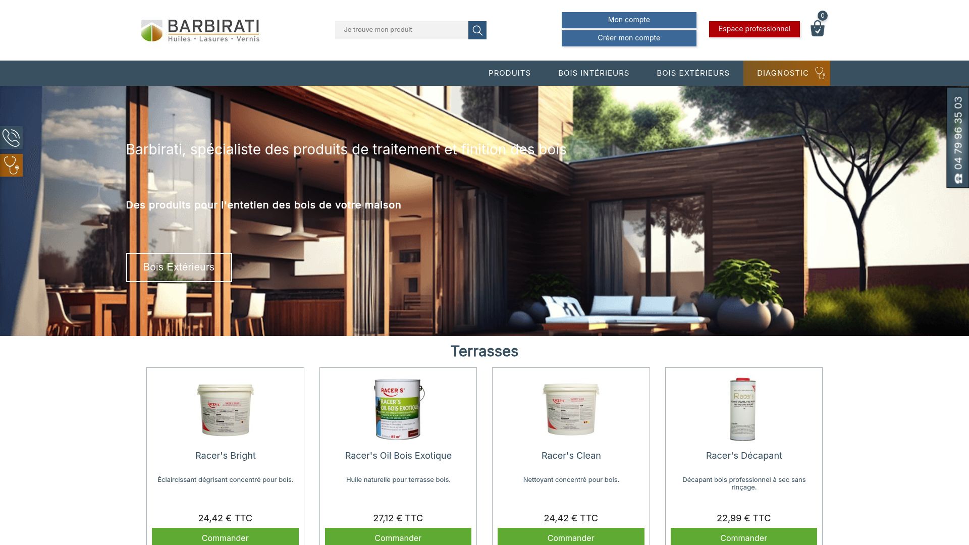 Website screenshot of barbirati.com showing wood maintenance products category page
