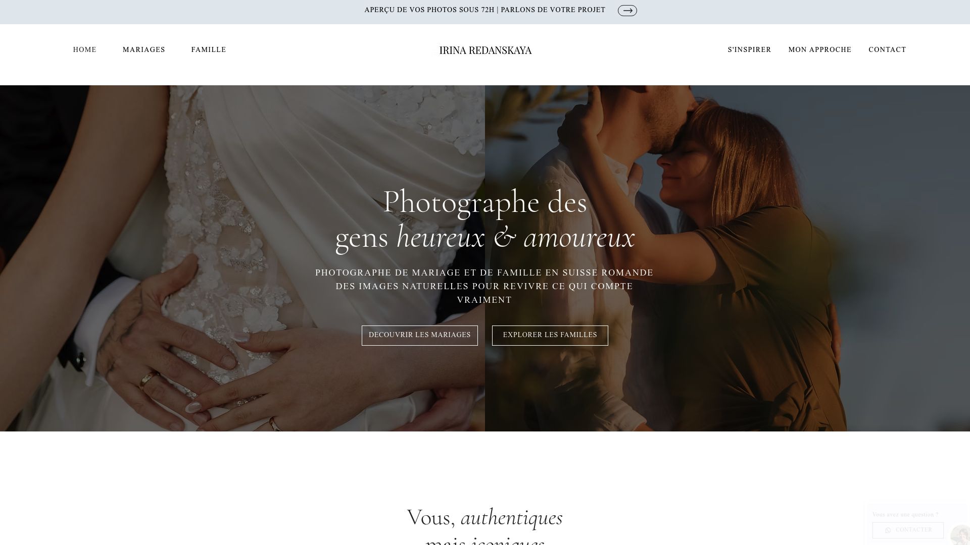 Capture d'écran de la page d'accueil du site irinaphoto.ch montrant des exemples de photos lifestyle lumineuses en extérieur