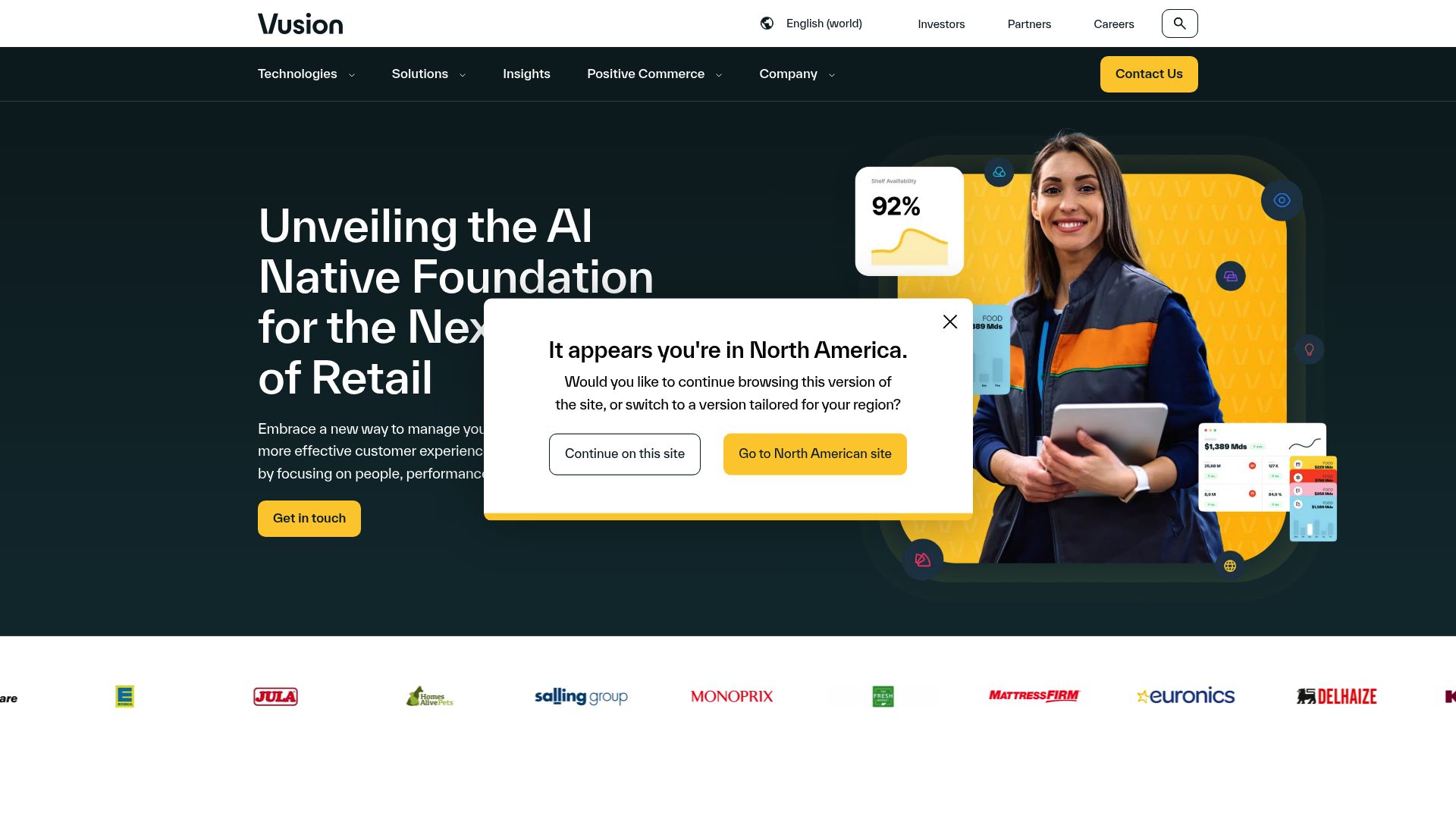 Screenshot of VusionGroup website showcasing their digital shelf labels and retail IoT solutions