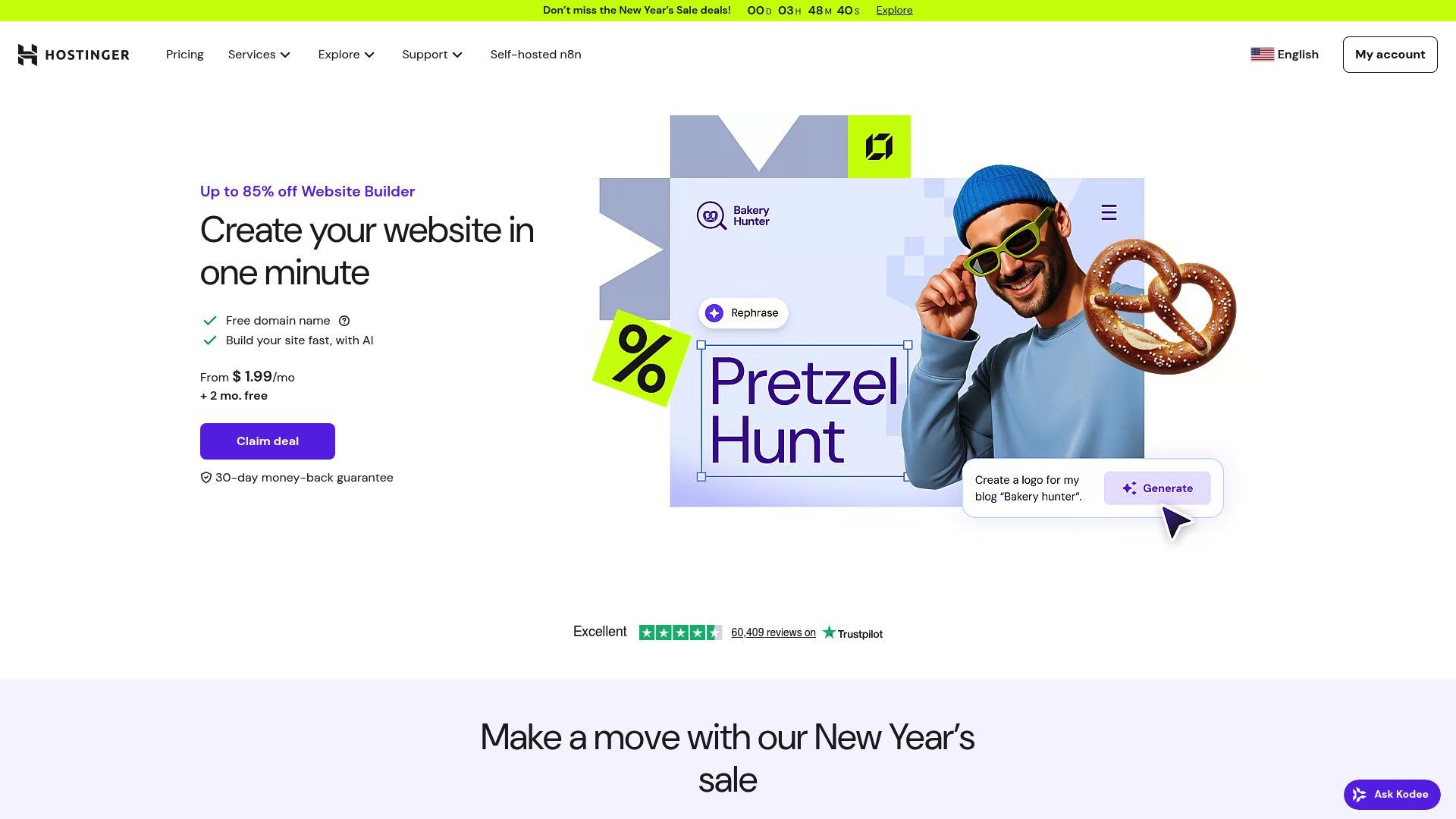 Screenshot of Hostinger Website Builder dashboard showcasing AI tools