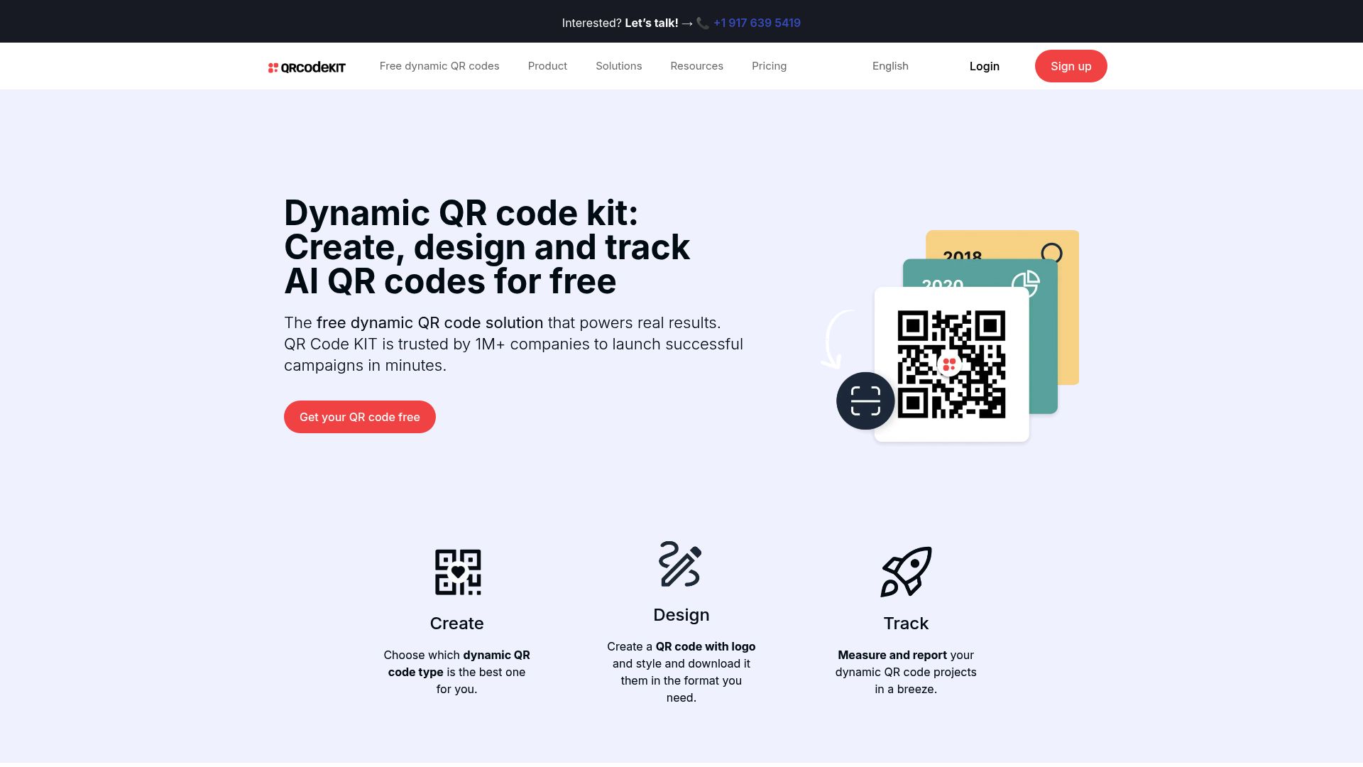 Screenshot of the QR Code KIT homepage showing the dynamic code features