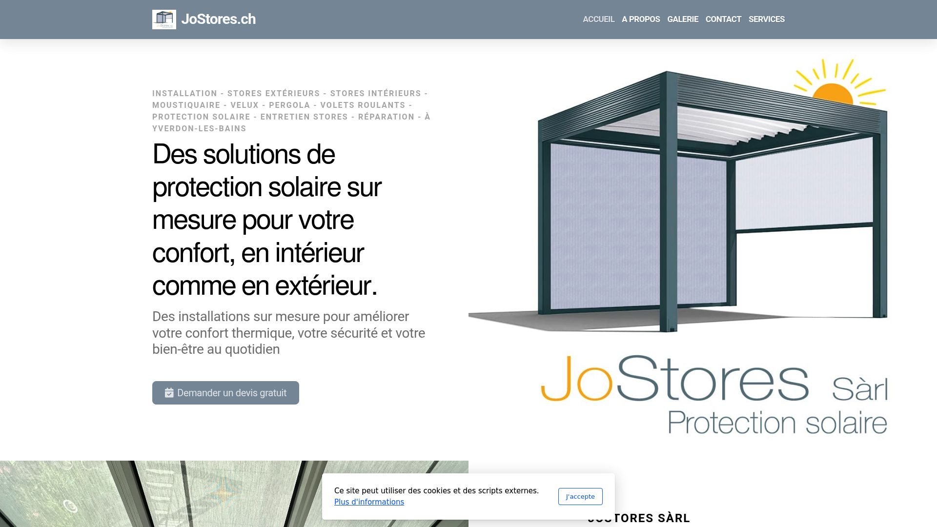 Homepage screenshot of JoStores website showing their logo and navigation menu with services