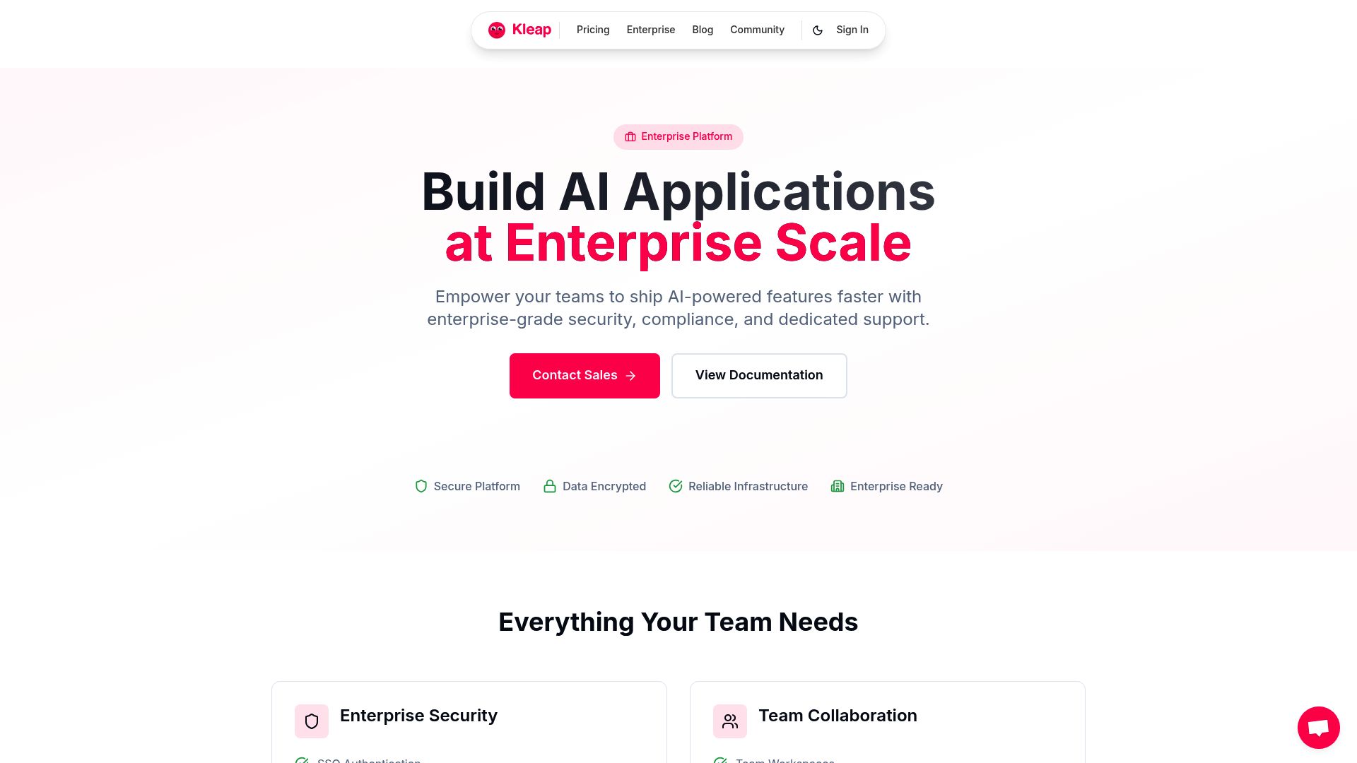 Screenshot of the Kleap Enterprise page highlighting security features and global infrastructure.