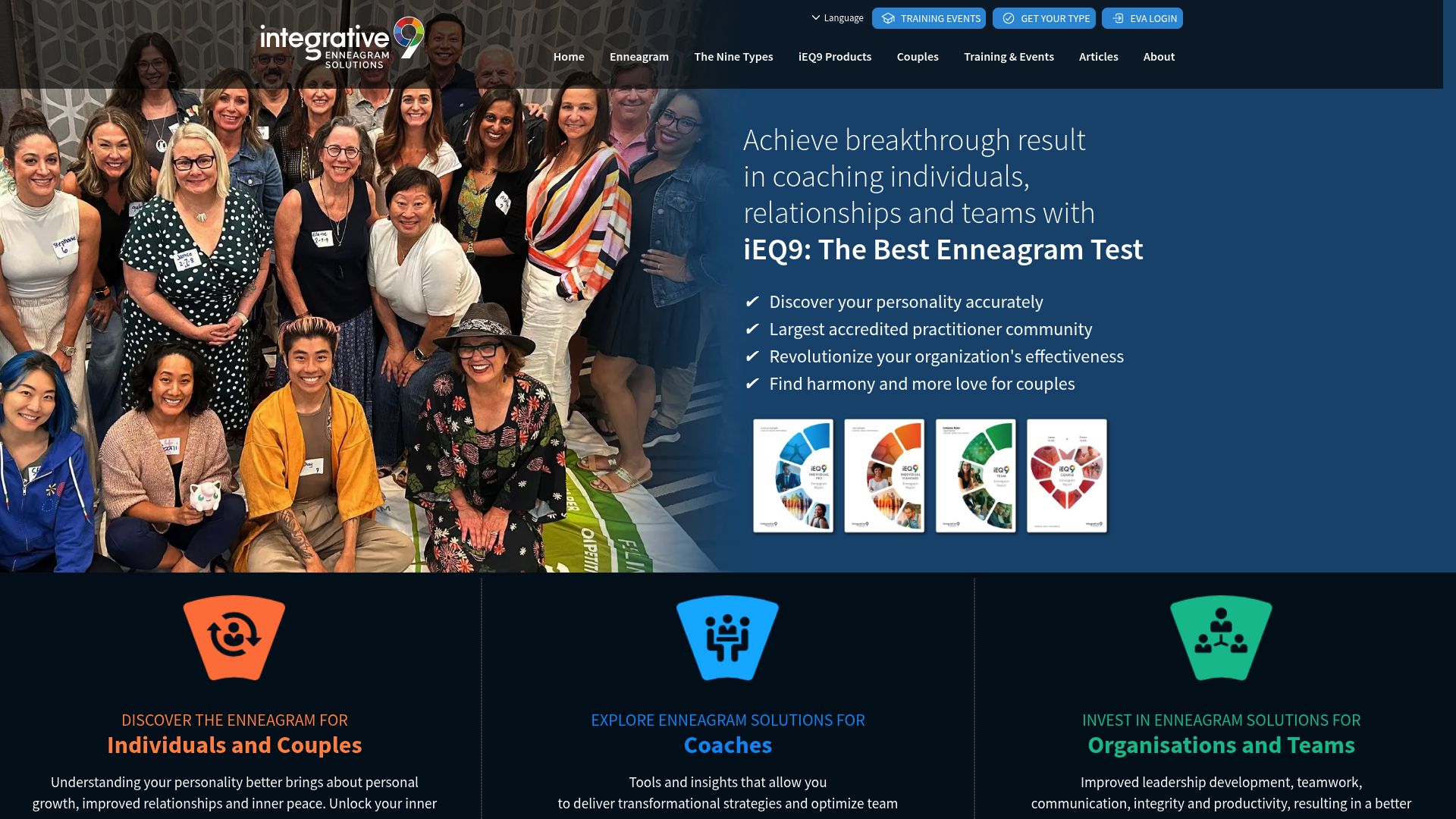 Screenshot of the Integrative Enneagram Solutions (iEQ9) homepage showing the professional report interface