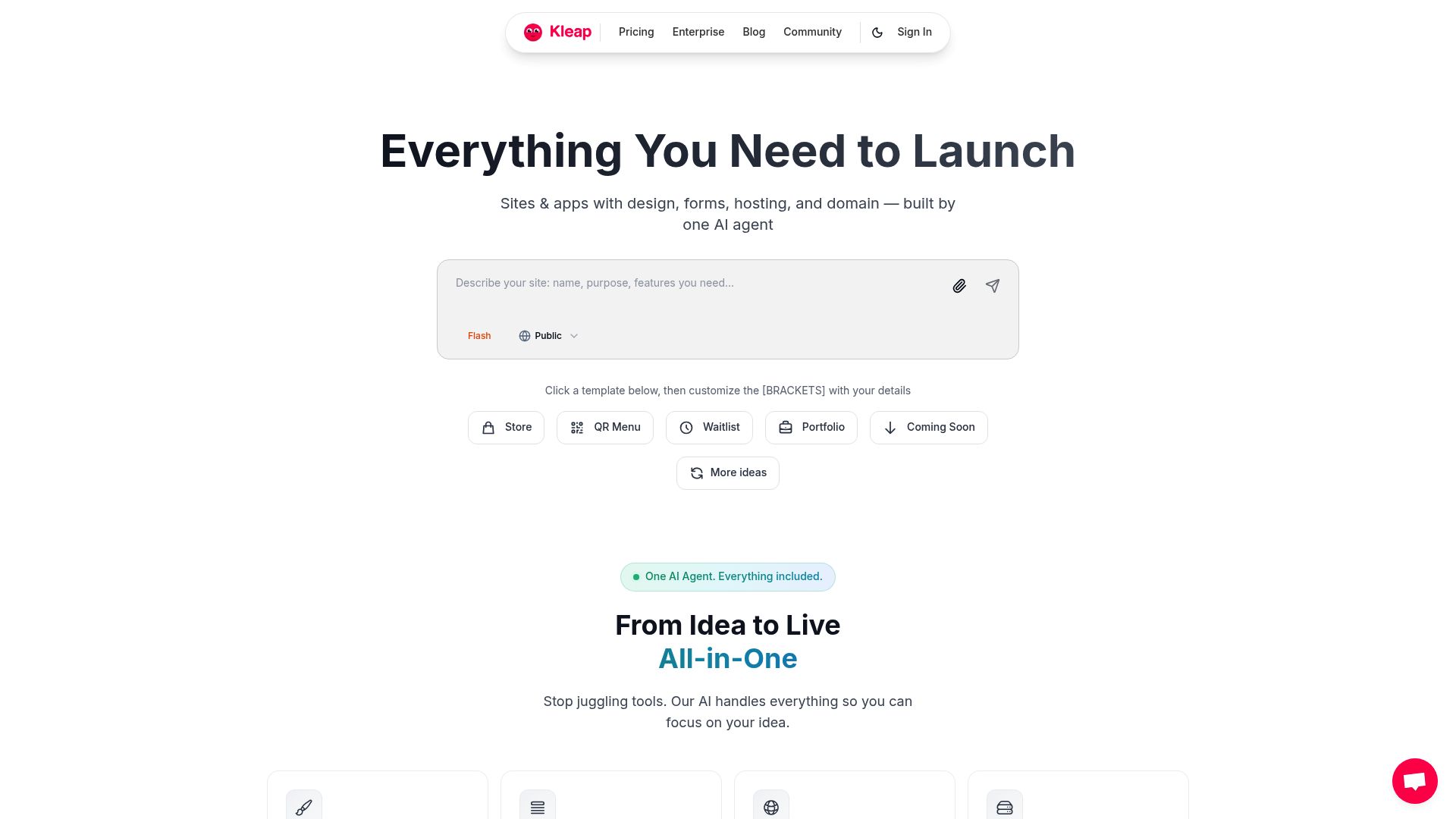 Screenshot of the Kleap AI editor interface generating a website section
